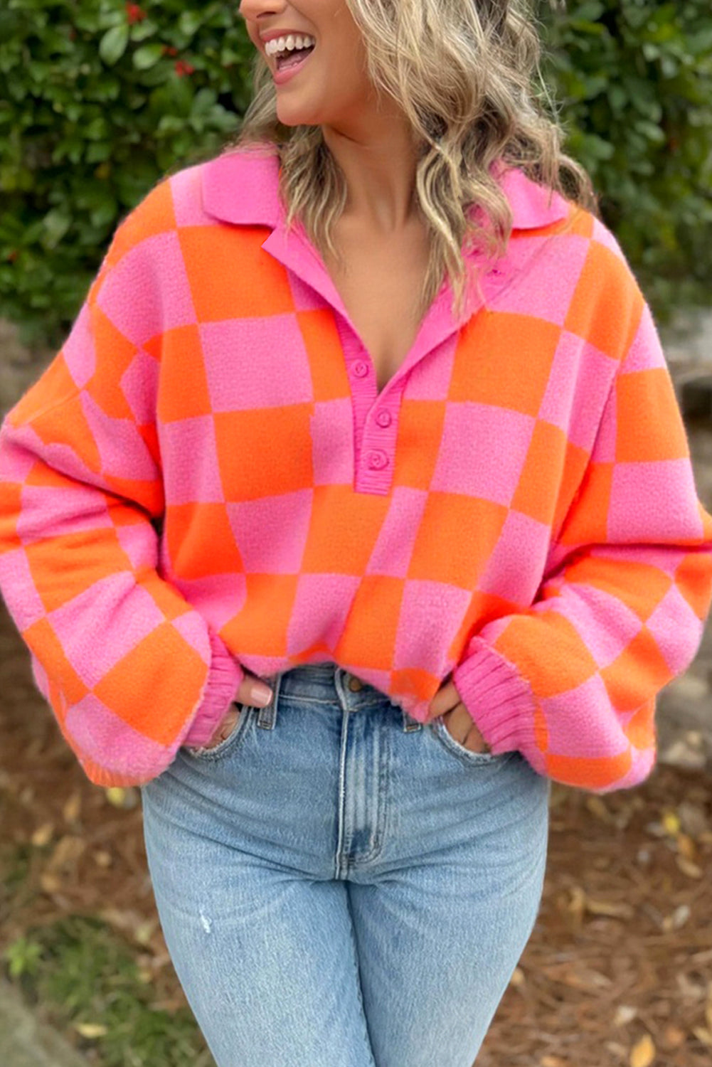 Sachet Pink Checkered Colorblock Long Sleeve Pullover Sweater