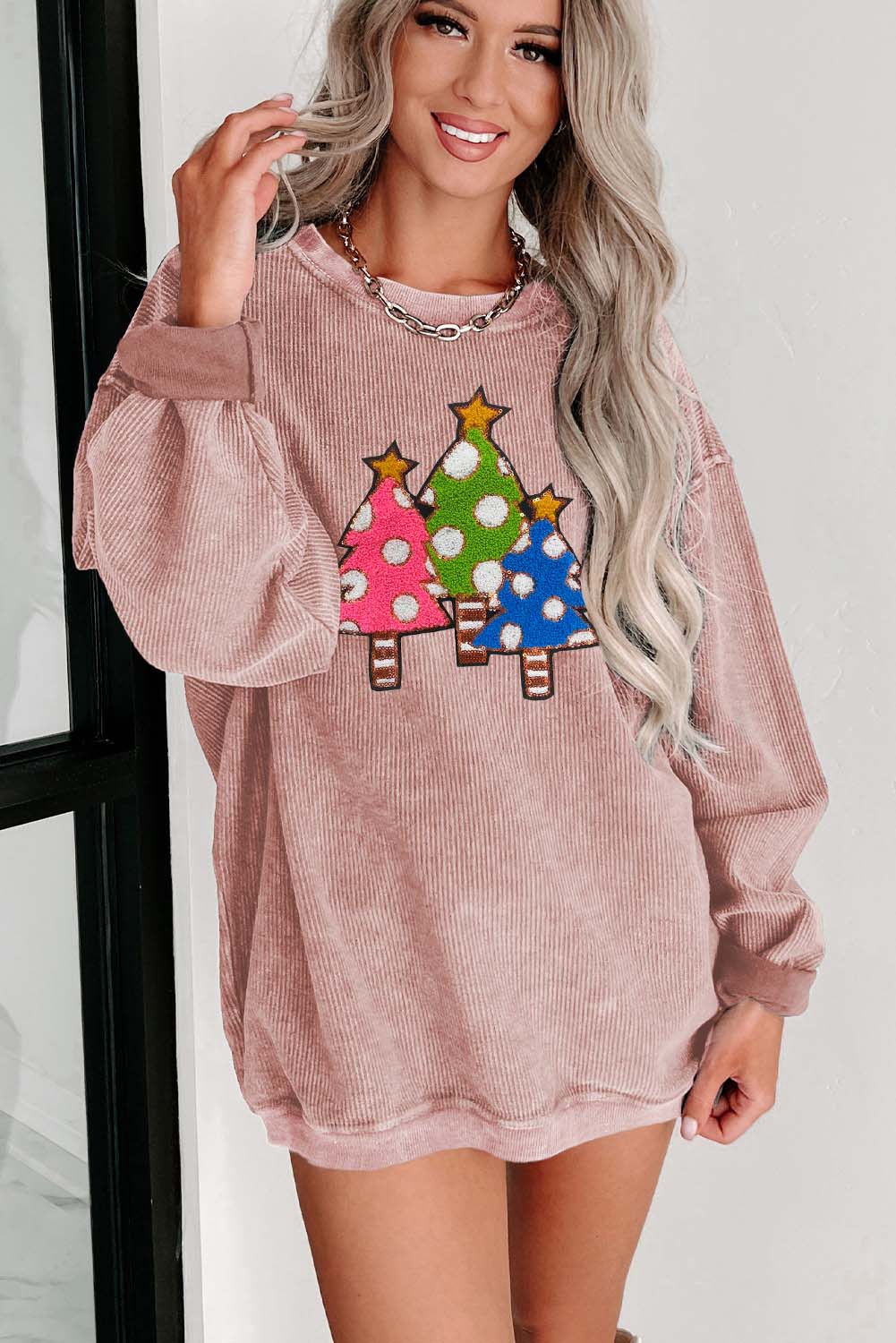 Pink Crinkle Rib Christmas Tree Patch Application Graphic Sweatshirt