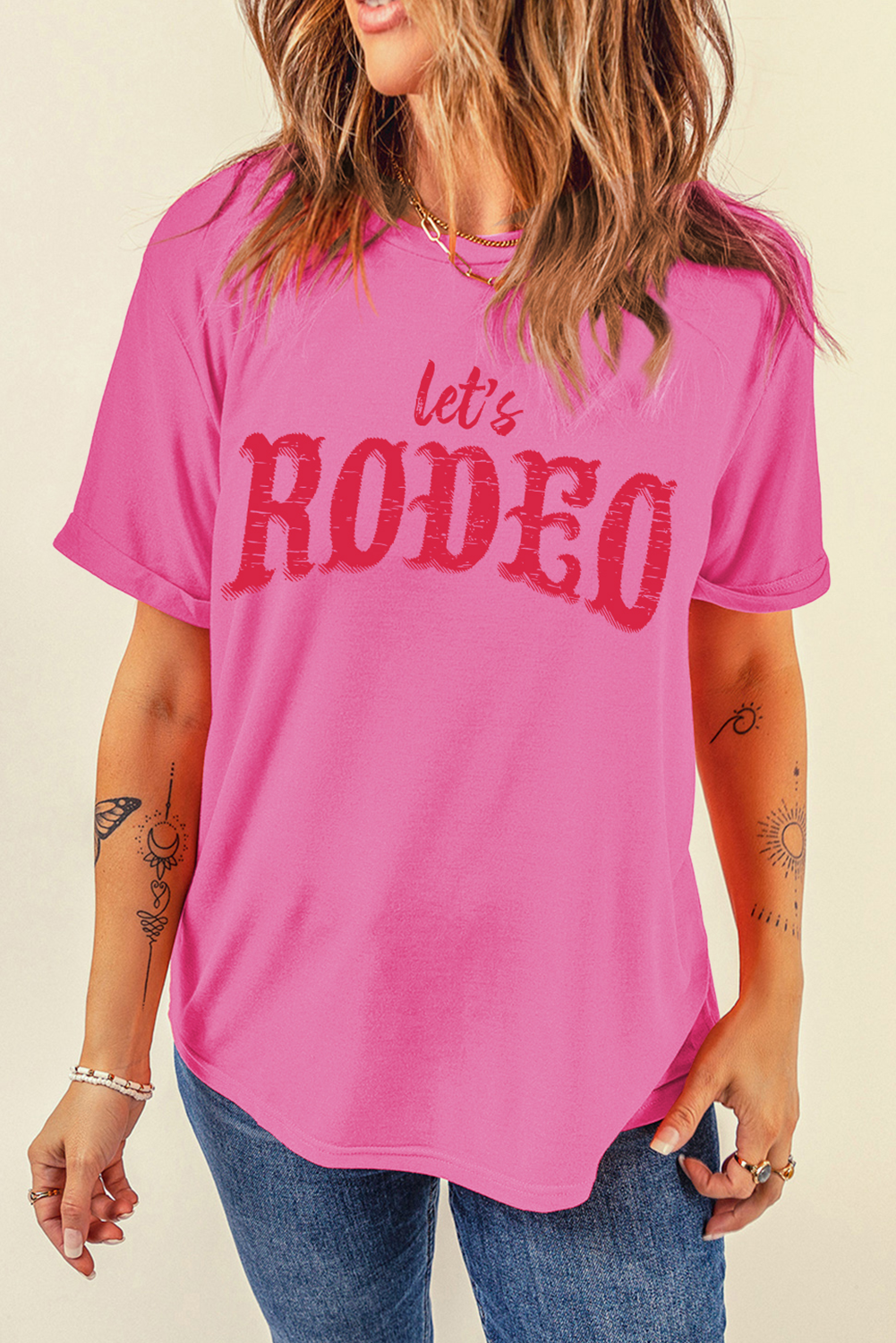 Rose Red Lets Rodeo Crew Neck Heat Transfer Printing Graphic Tee