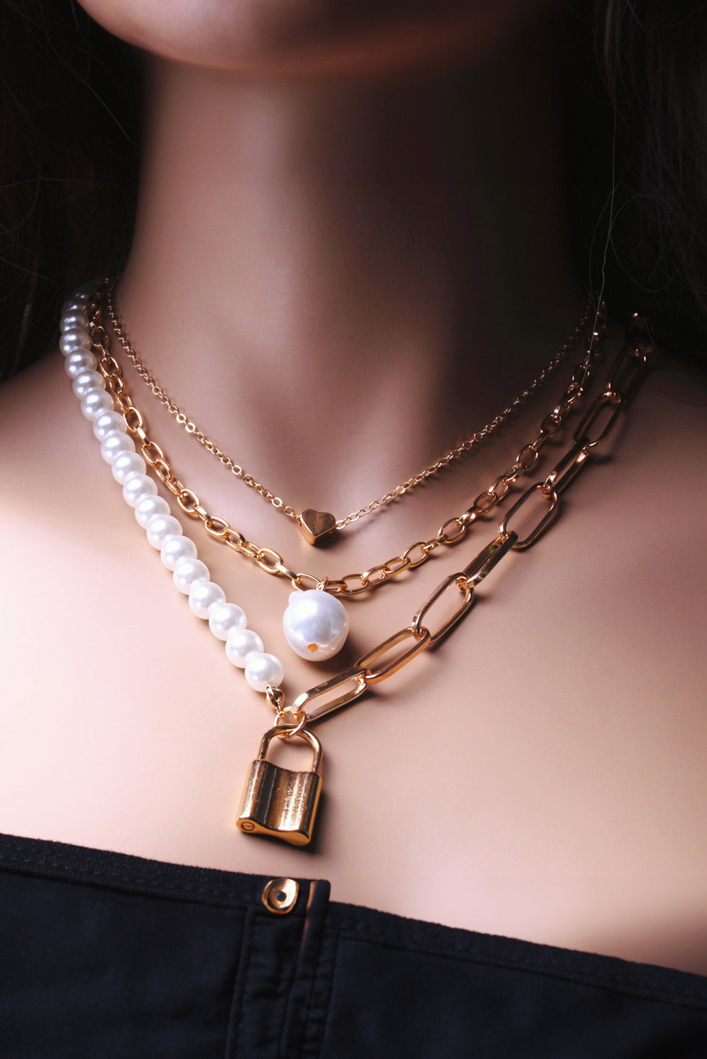 Gold Lock Heart Pendant Pearl Chain Multi-Layer Necklace