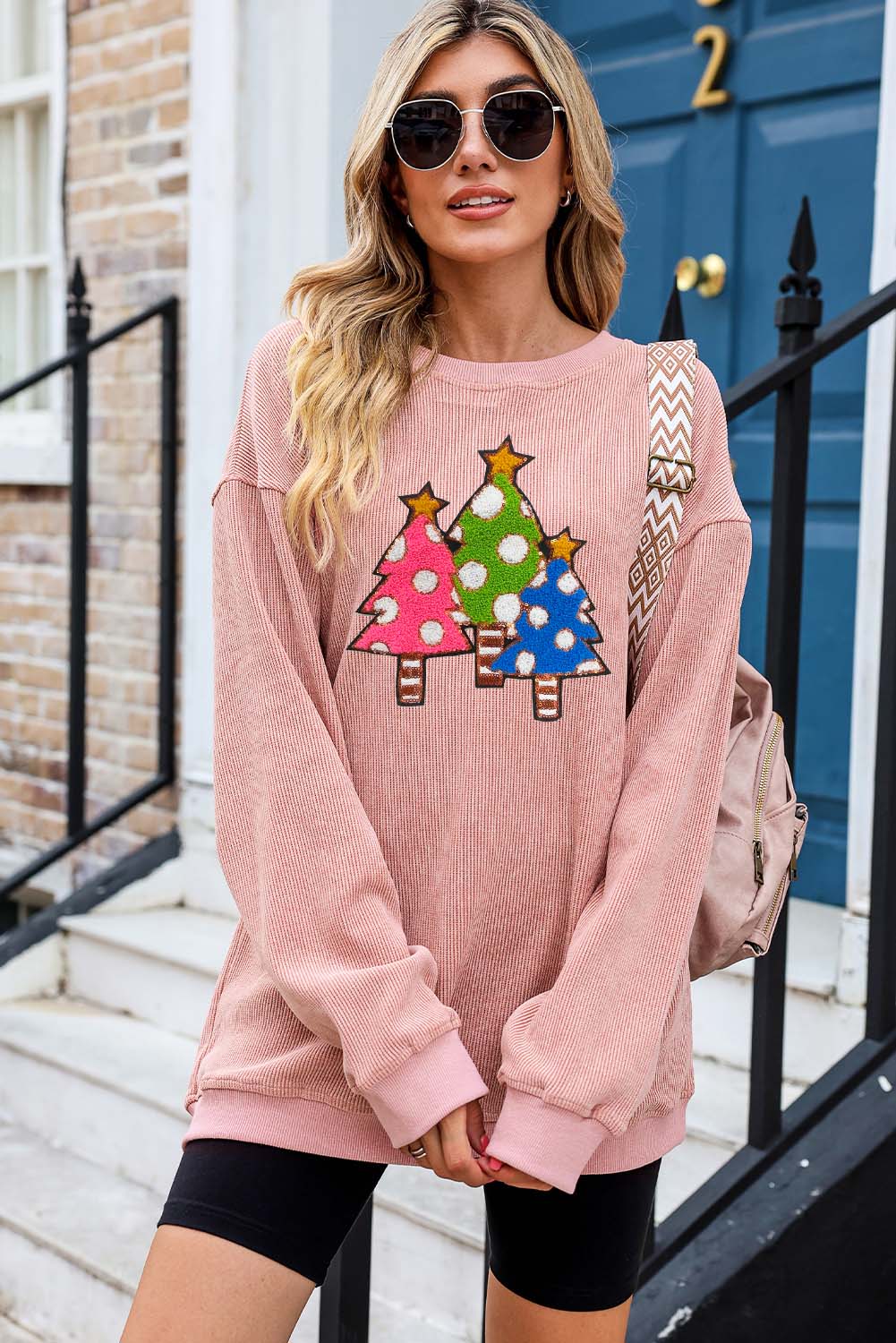 Pink Crinkle Rib Christmas Tree Patch Application Graphic Sweatshirt