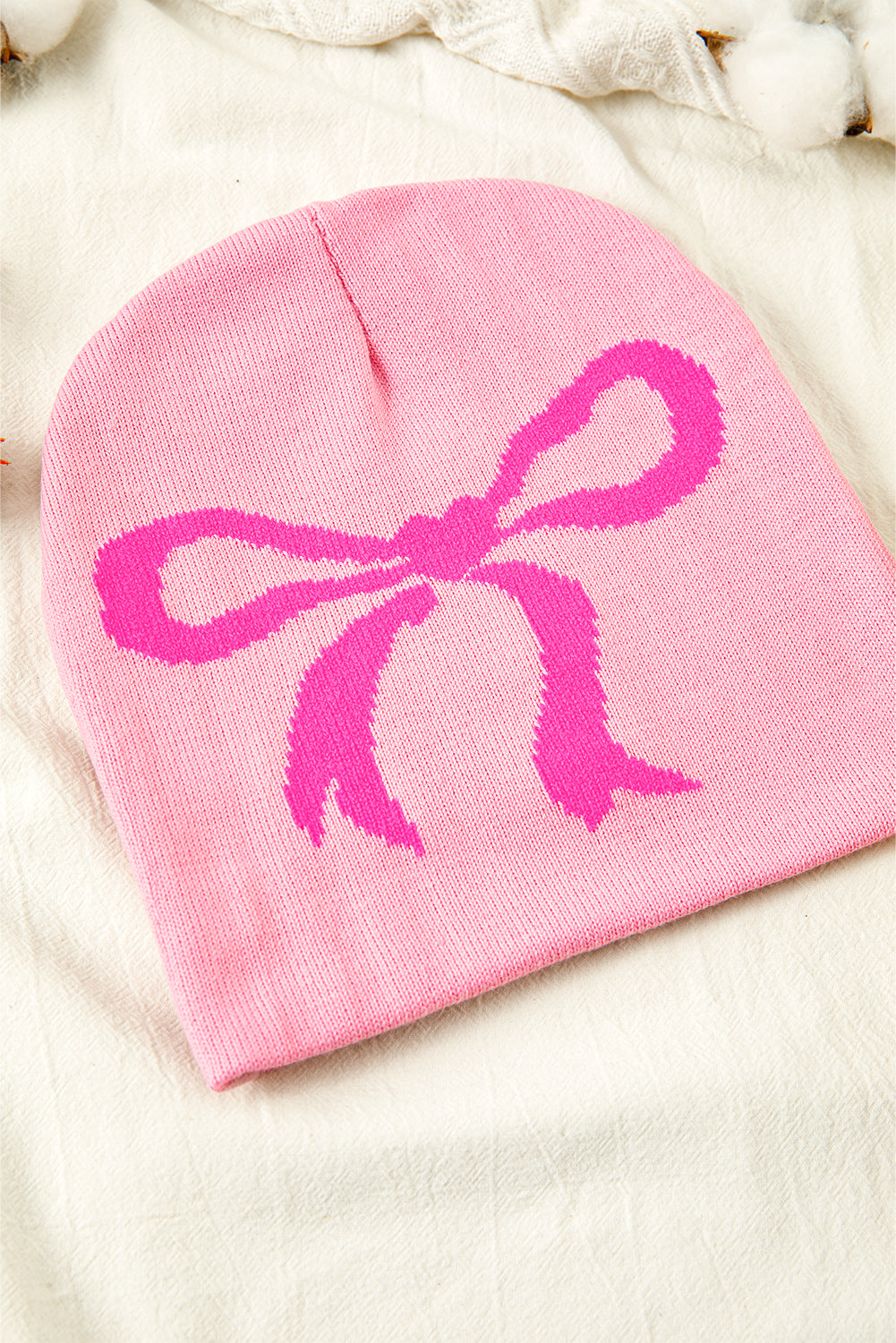 Pink Bow Print Knitted Beanie Hat