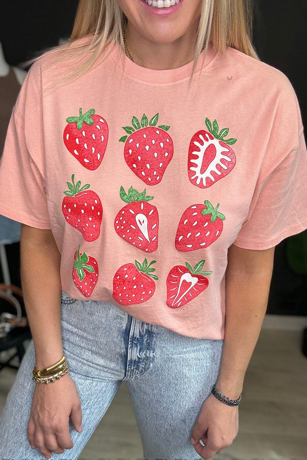 Pink Strawberry Fruit Pattern Heat Transfer Printing Graphic Tee