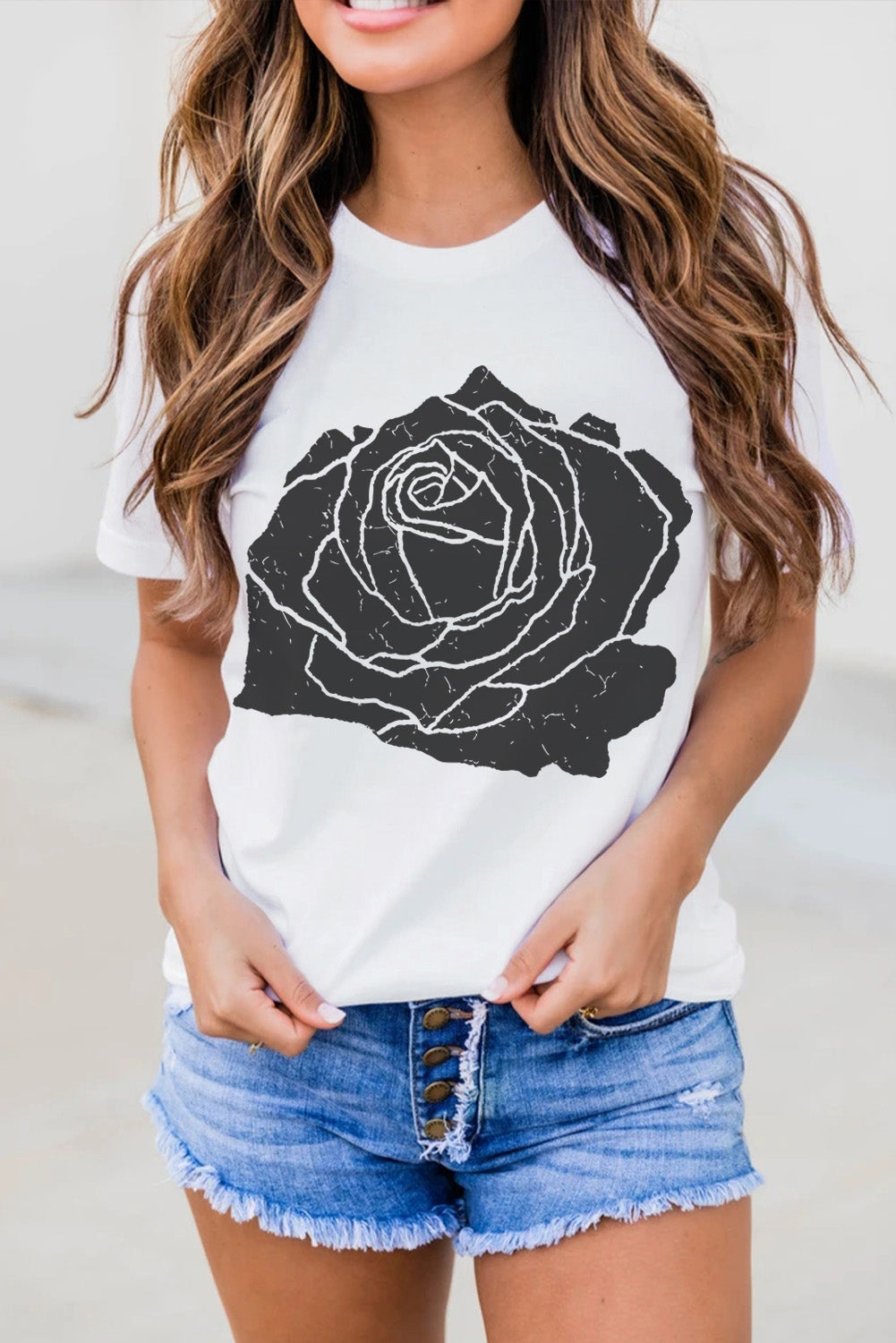 White Large Rose Graphic Crew Neck T Shirt