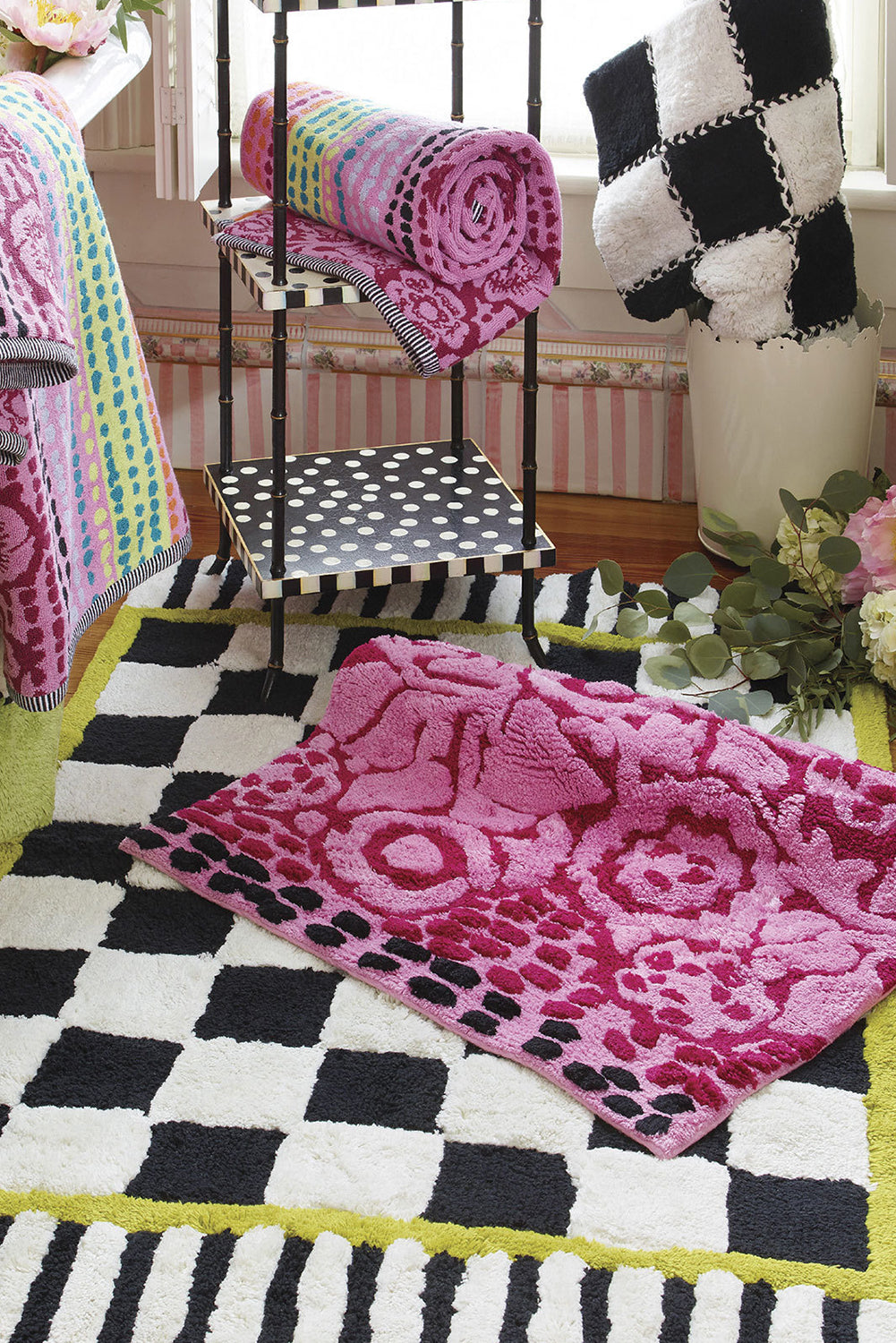 Spinach Green Checkered Striped Fluffy Colorblock Entrance Mat