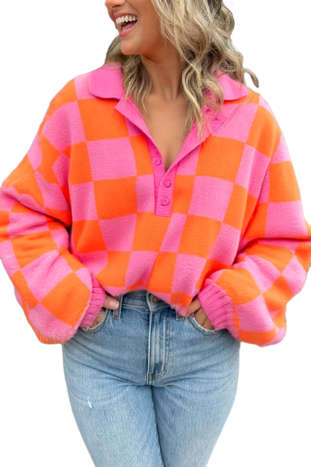 Sachet Pink Checkered Colorblock Long Sleeve Pullover Sweater