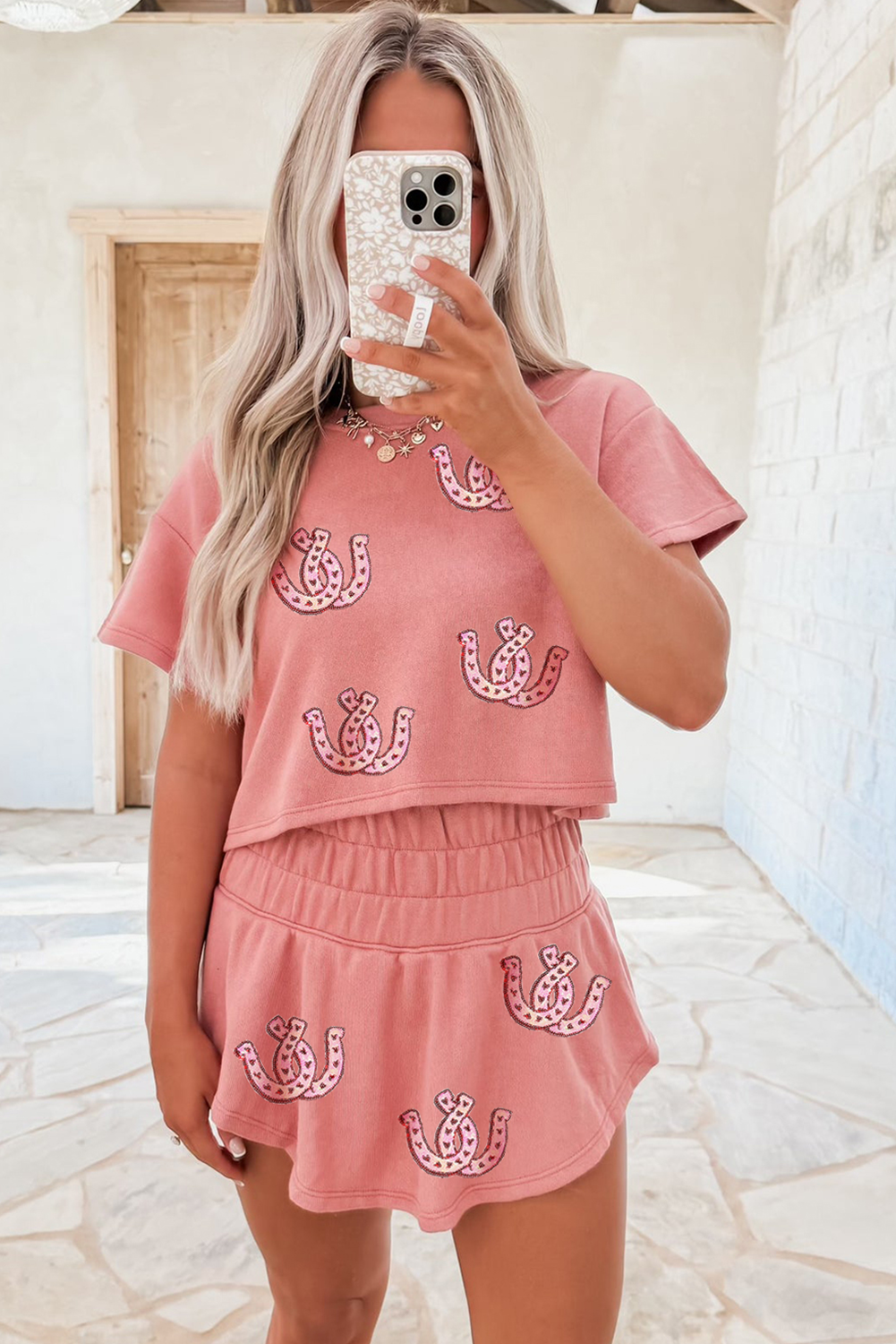 Blossom Horseshoe Sequins Patch Cropped Tee and High Waist Skort Set