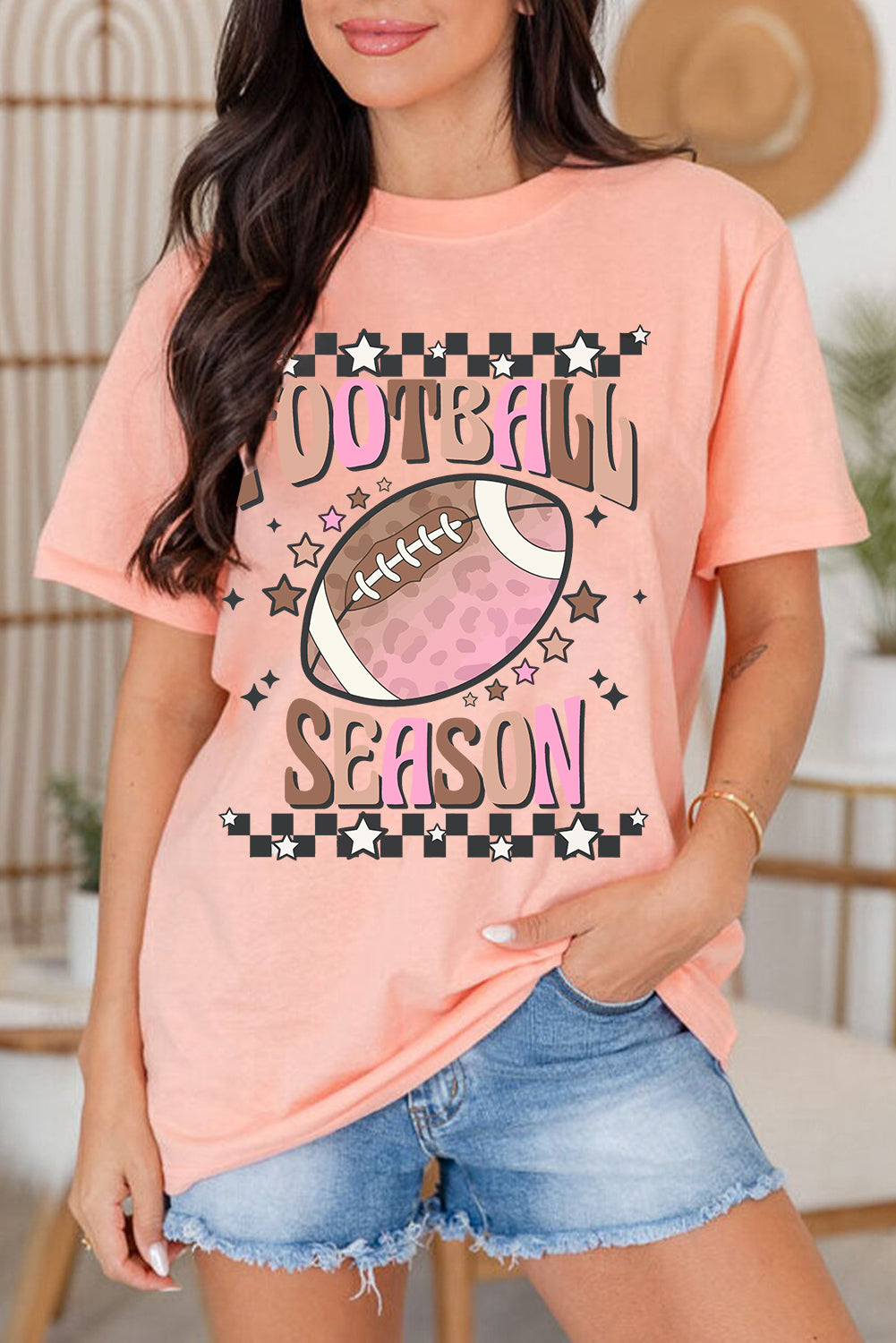 Pink FOOTBALL SEASON Heat Transfer Printing Graphic Game Day T Shirt