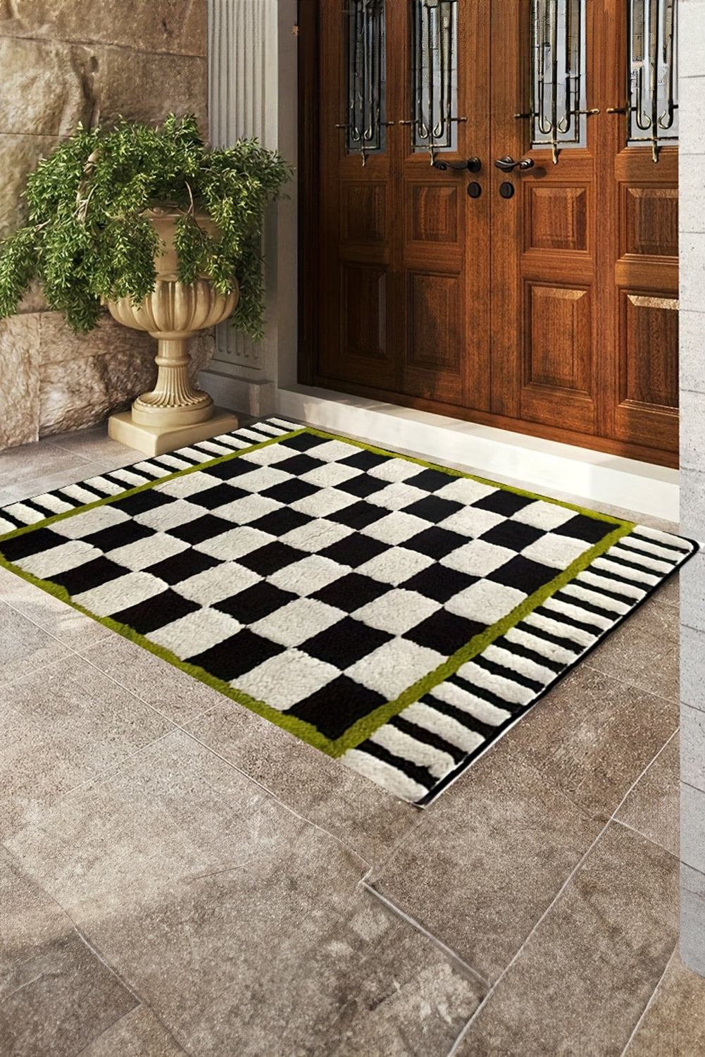 Spinach Green Checkered Striped Fluffy Colorblock Entrance Mat