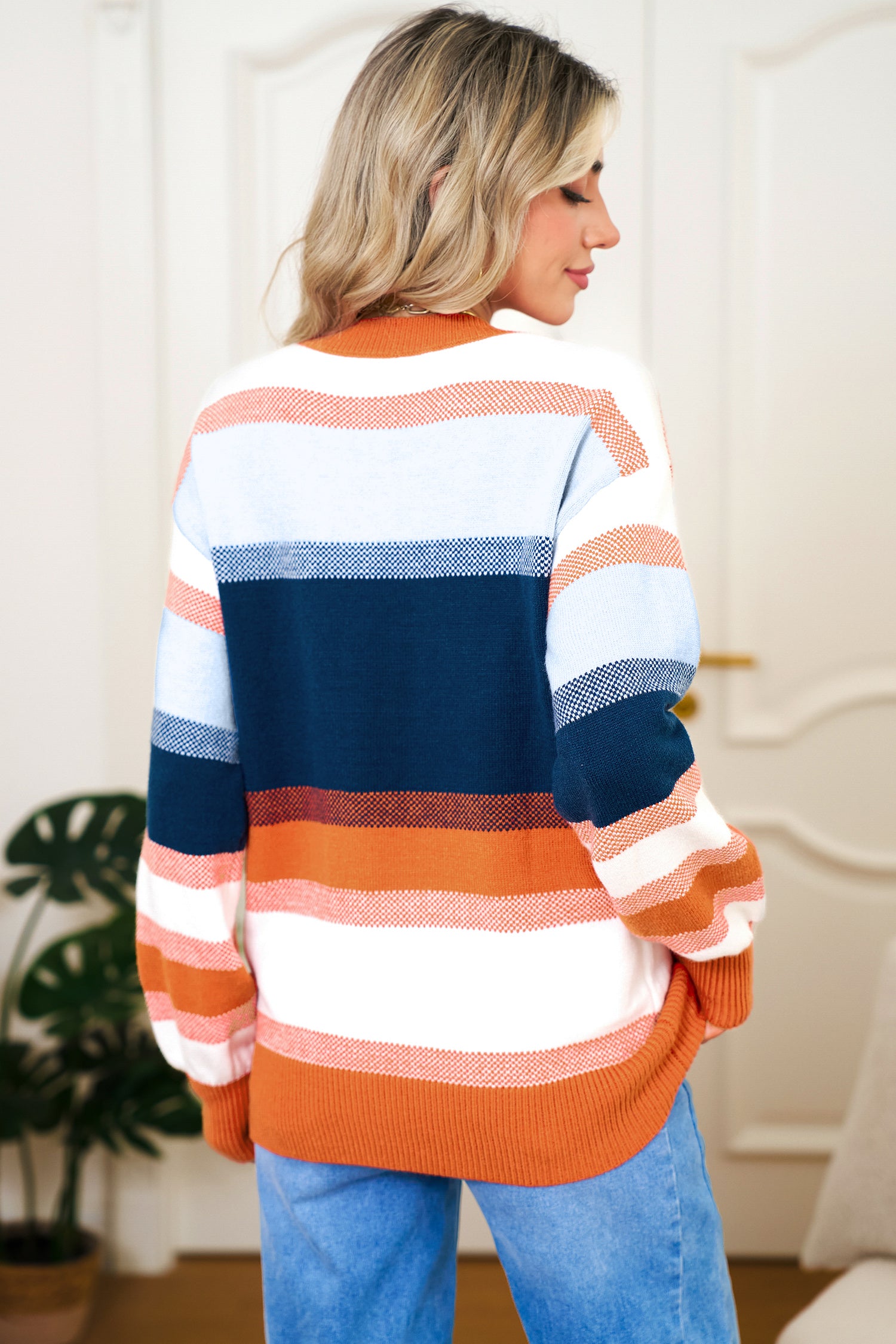 Dark Blue Color Block Round Neck Tunic Sweater