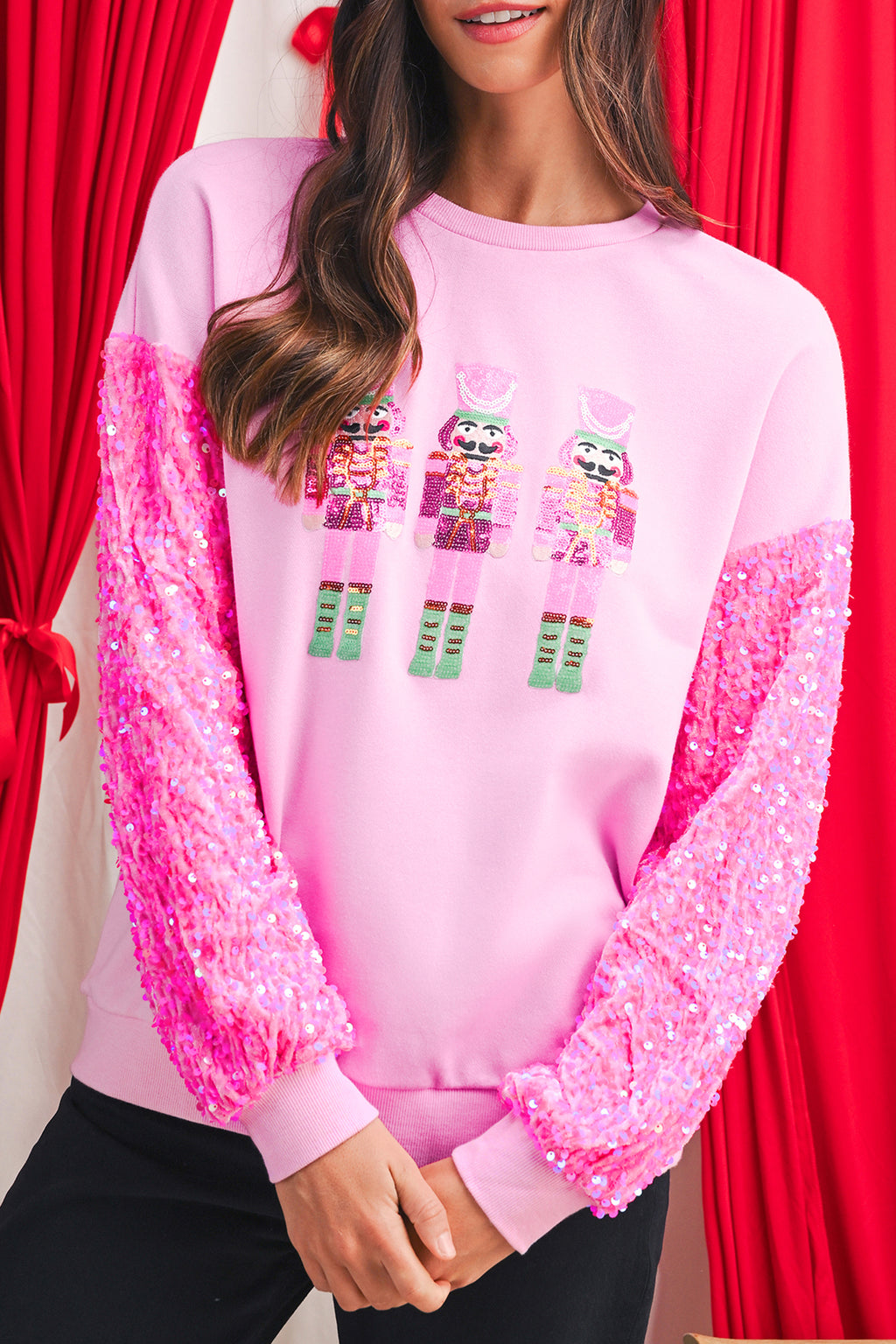Pink Nutcracker Sequin Sleeve Graphic Sweatshirt