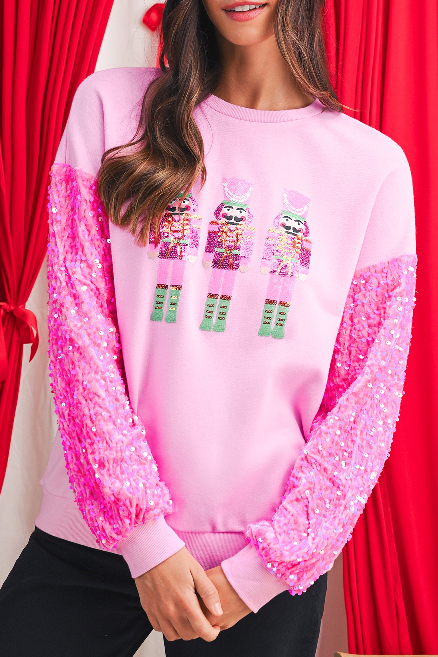 Pink Nutcracker Sequin Sleeve Graphic Sweatshirt