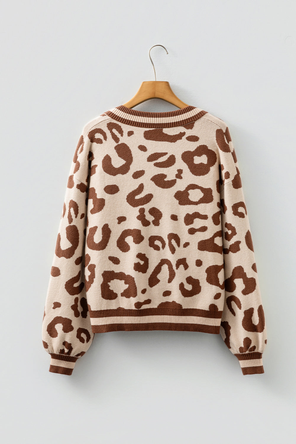 Light French Beige Leopard Printed Knit V Neck Sweater