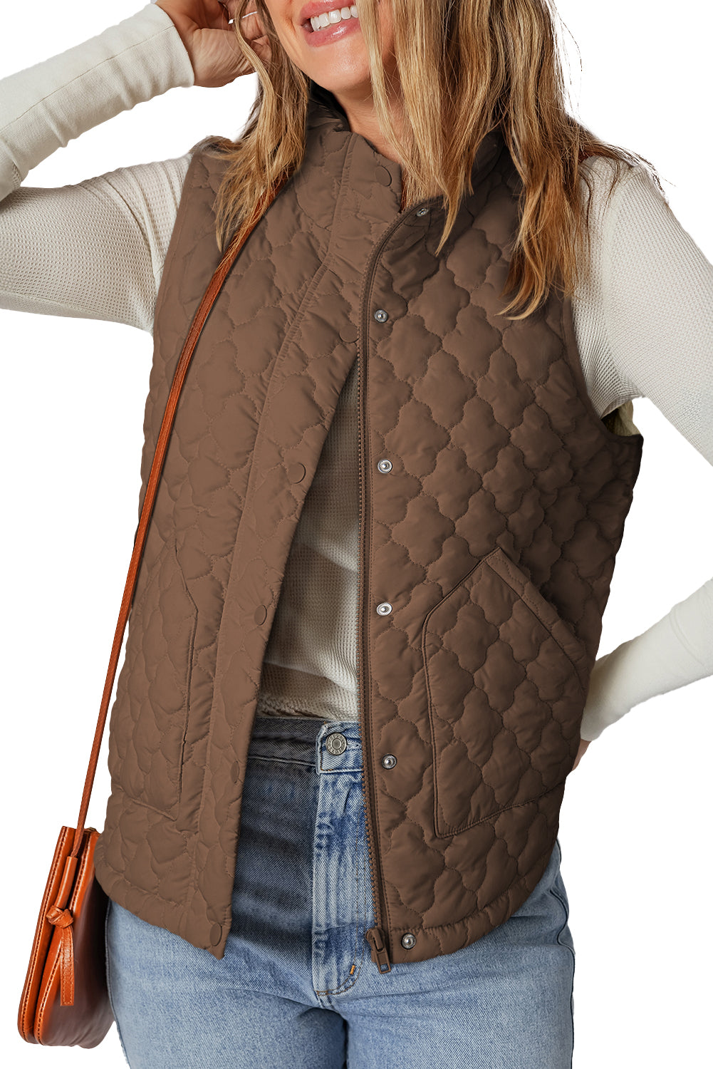 Dark Brown Flower Shape Quilted Snap Button Zip Up Winter Vest