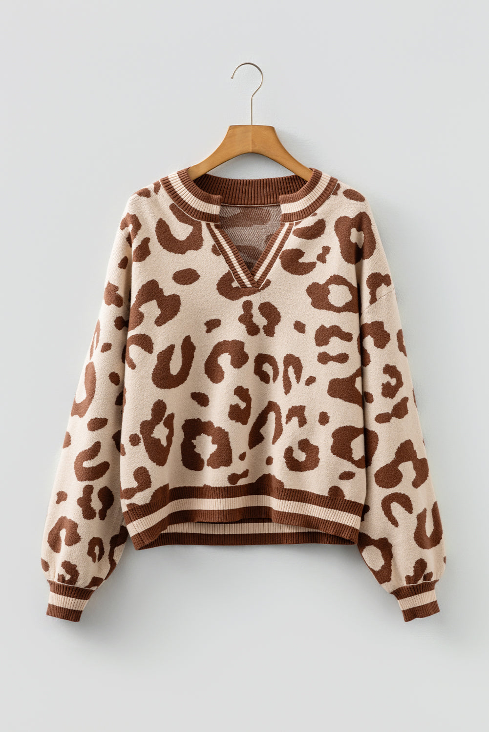 Light French Beige Leopard Printed Knit V Neck Sweater