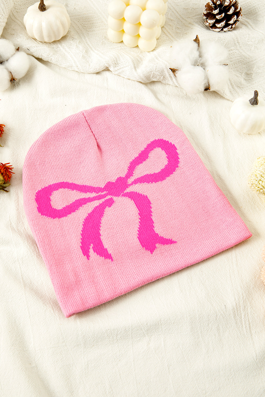 Pink Bow Print Knitted Beanie Hat