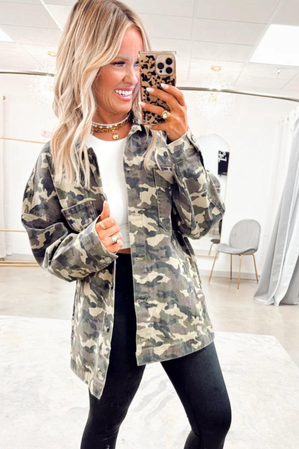 Green Camo Chest Pockets Loose Denim Jacket