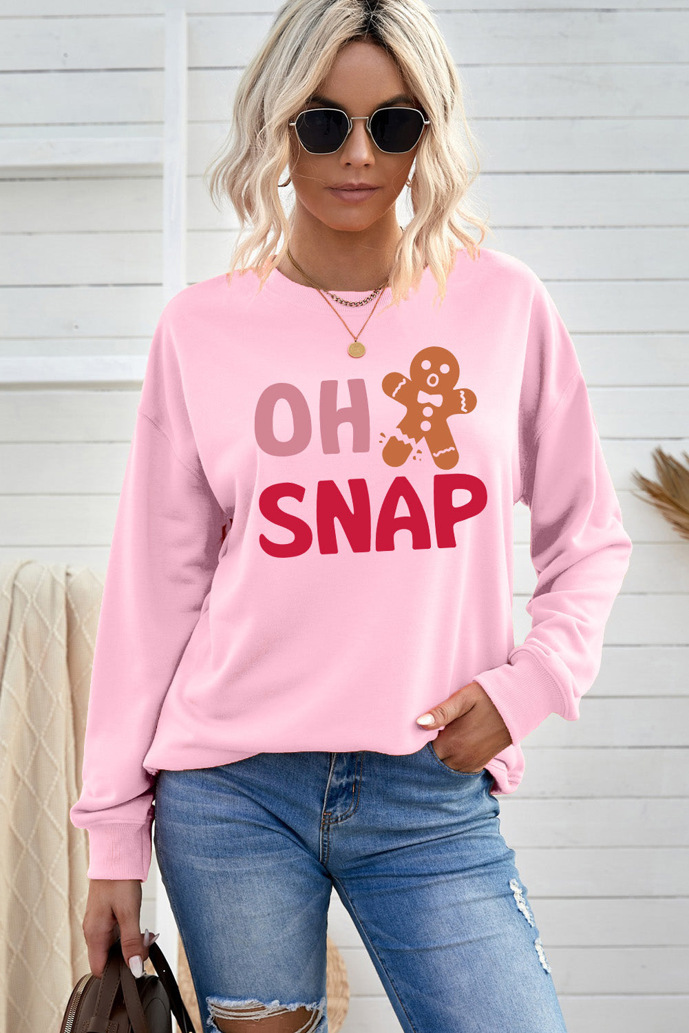 Pink Christmas OH SNAP Gingerbread Man Heat Transfer Printing Graphic Sweatshirt