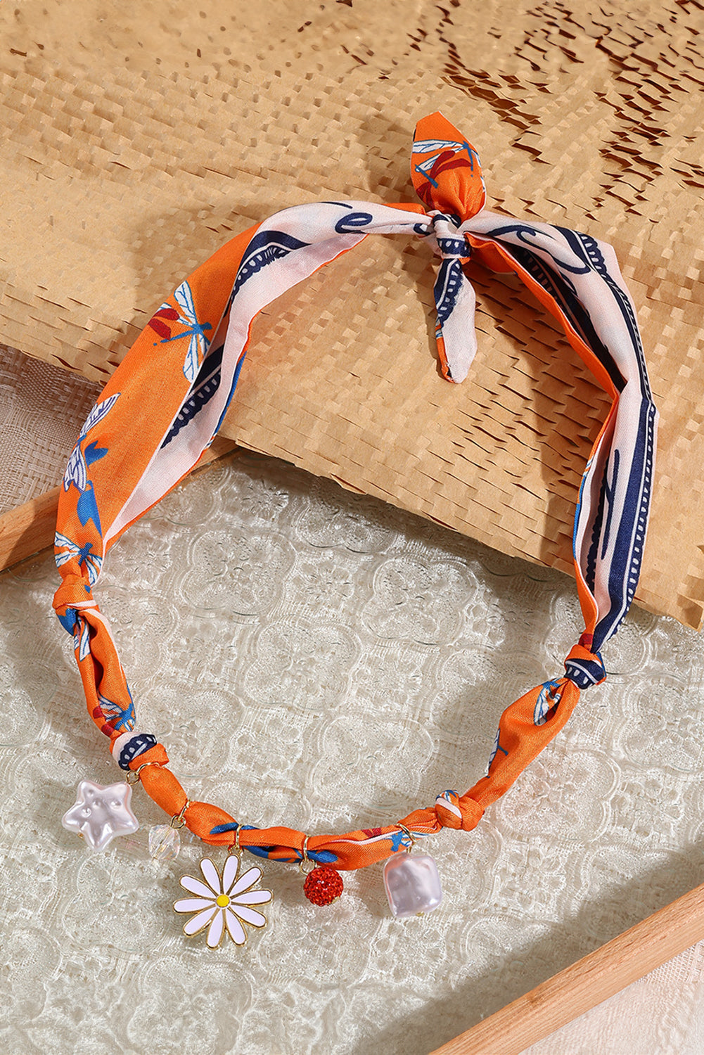 Orange Daisy Flower & Pearl Pendants Abstract Scarf Necklace