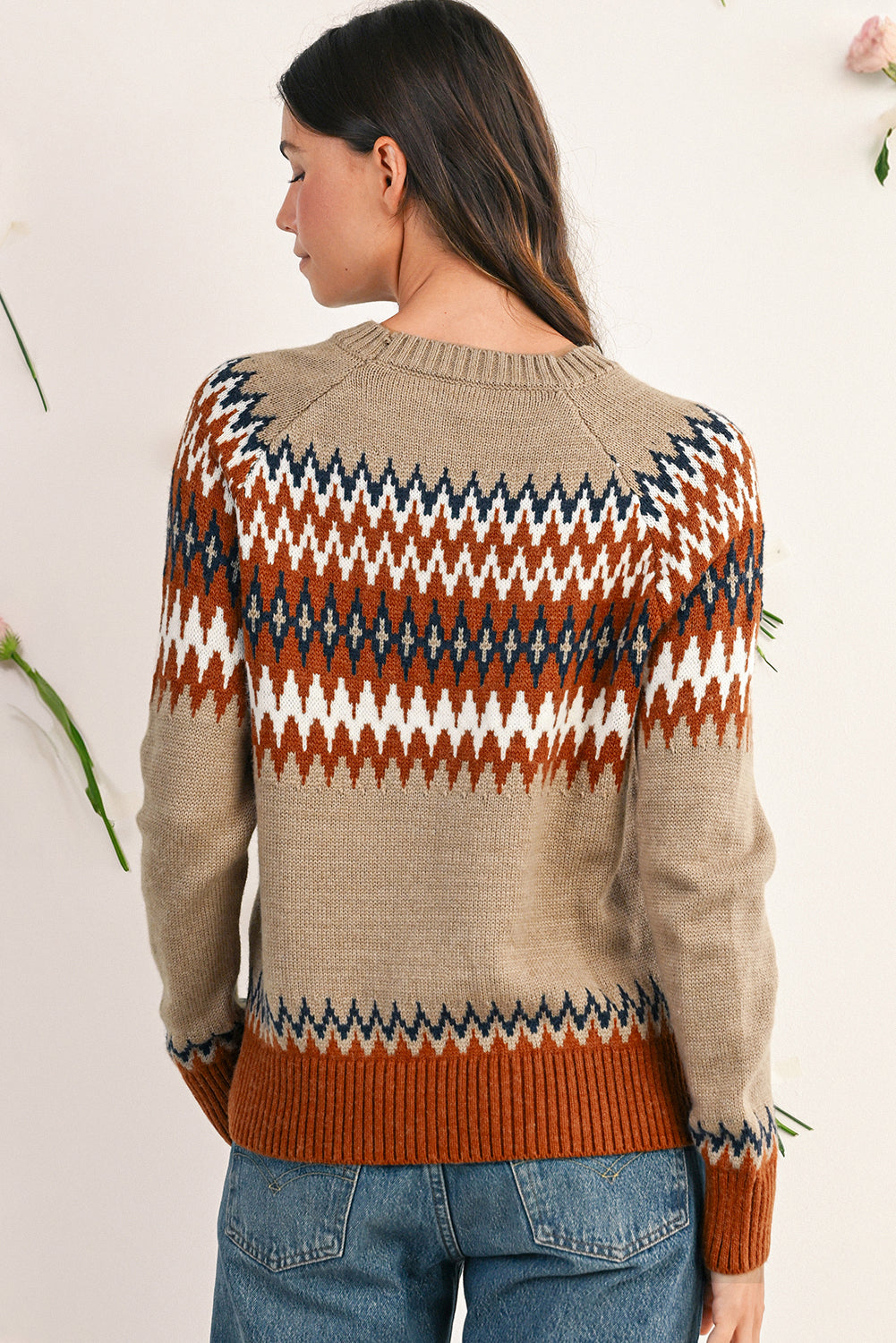 Khaki Geometric Print Colorblock Crew Neck Sweater