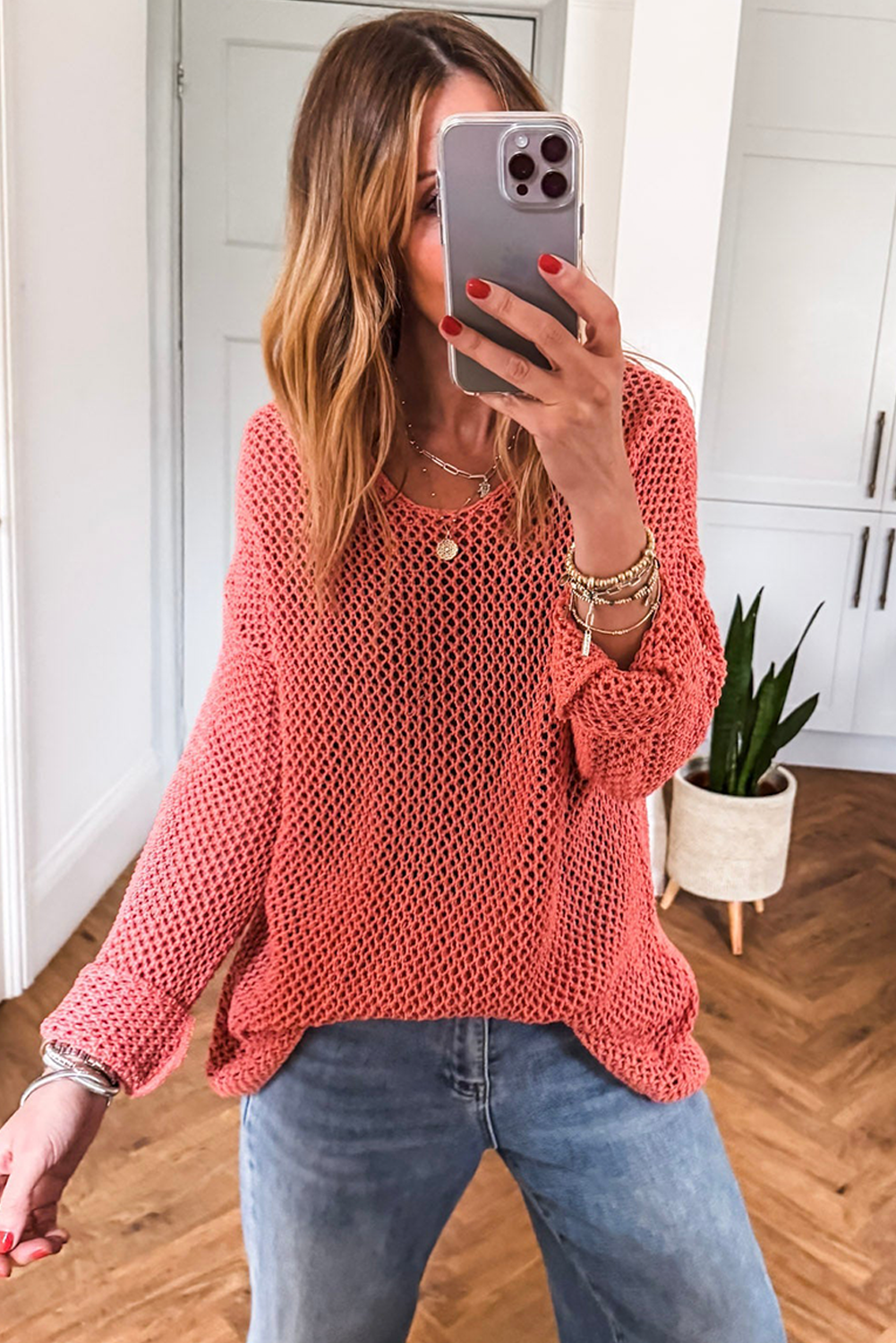 Coral Crochet Hollow-out Knit Sweater
