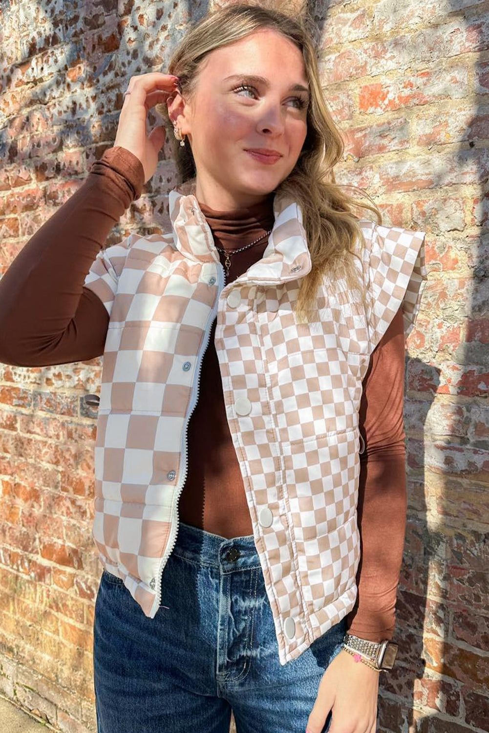 Khaki Plaid Stand Neck Button Down Vest