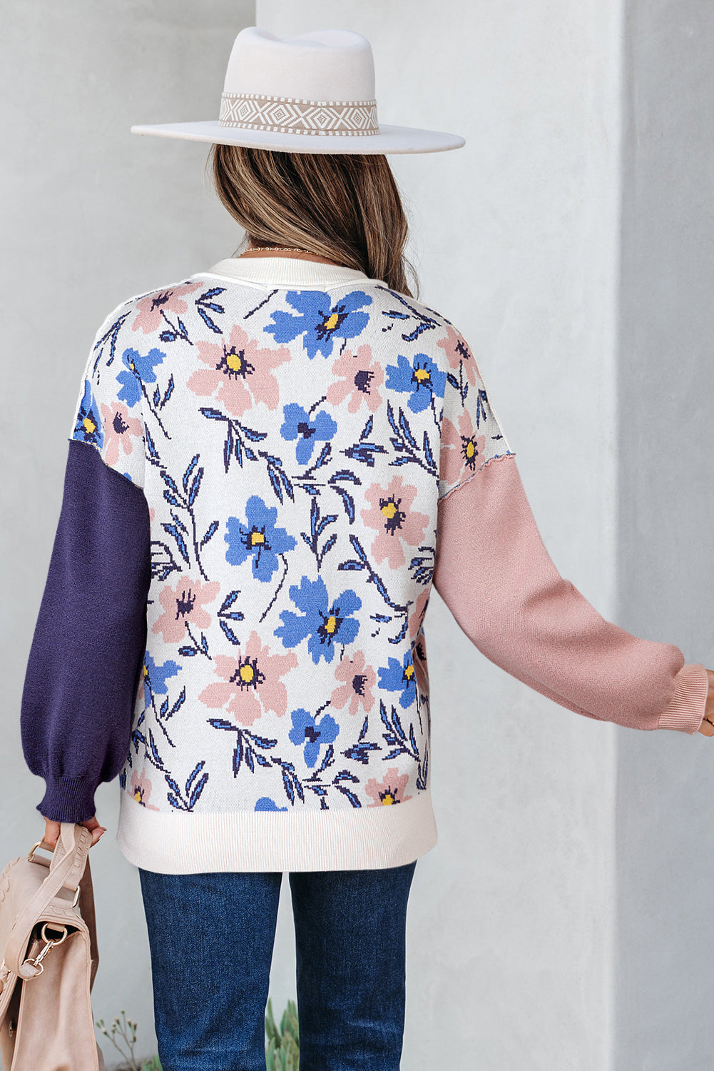 Khaki Vibrant Floral Contrast Colorblock Sleeve Pullover Sweater