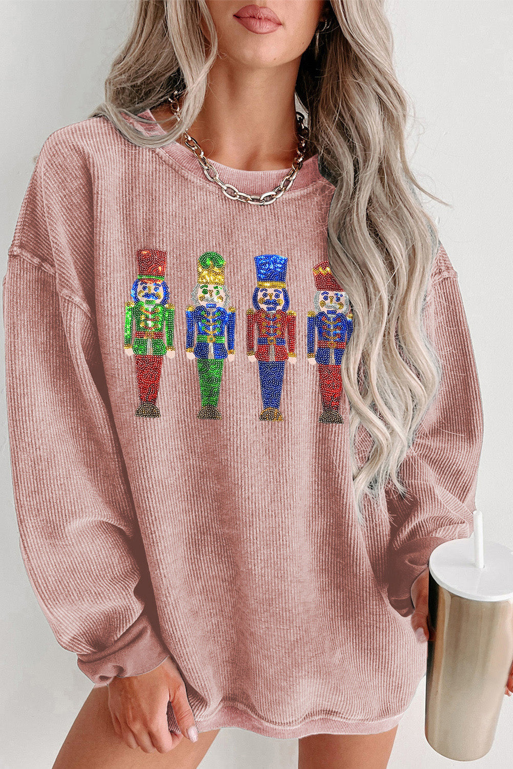Pink Christmas Nutcracker Graphic Sequins Patch Corded Baggy Sweatshirt