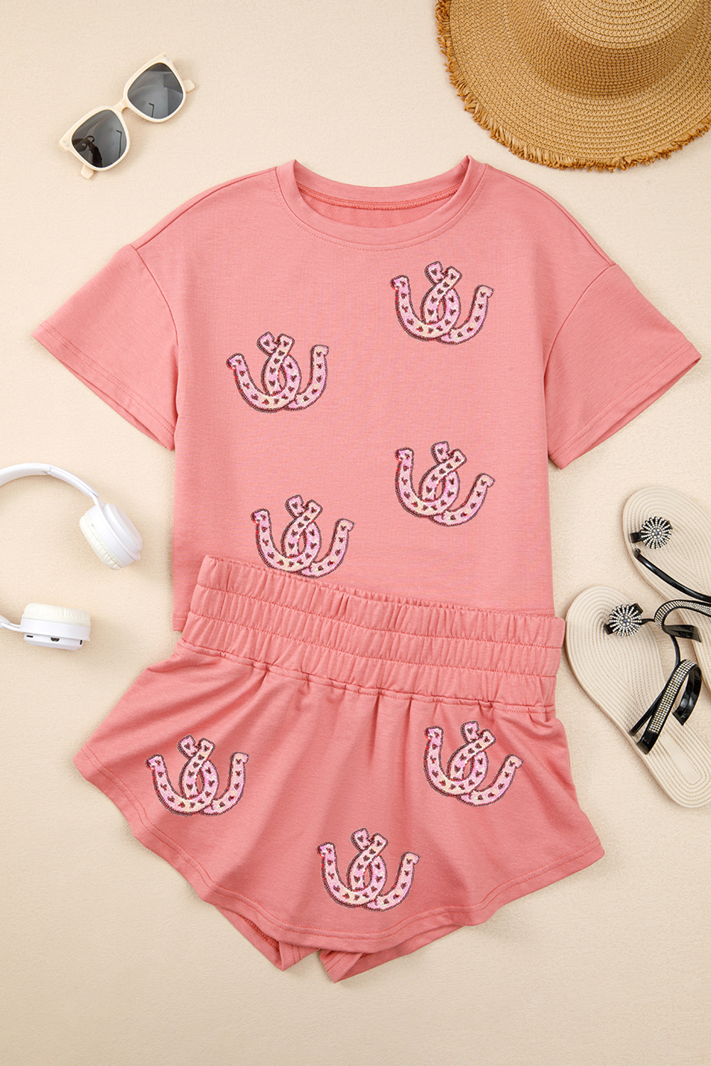 Blossom Horseshoe Sequins Patch Cropped Tee and High Waist Skort Set