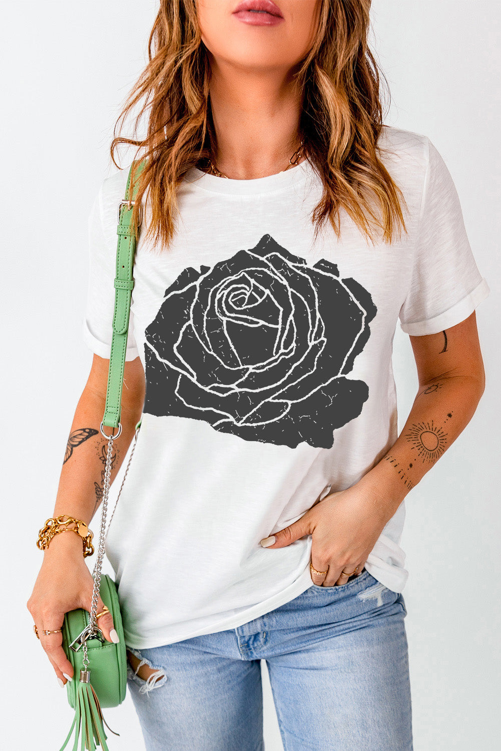 White Large Rose Graphic Crew Neck T Shirt