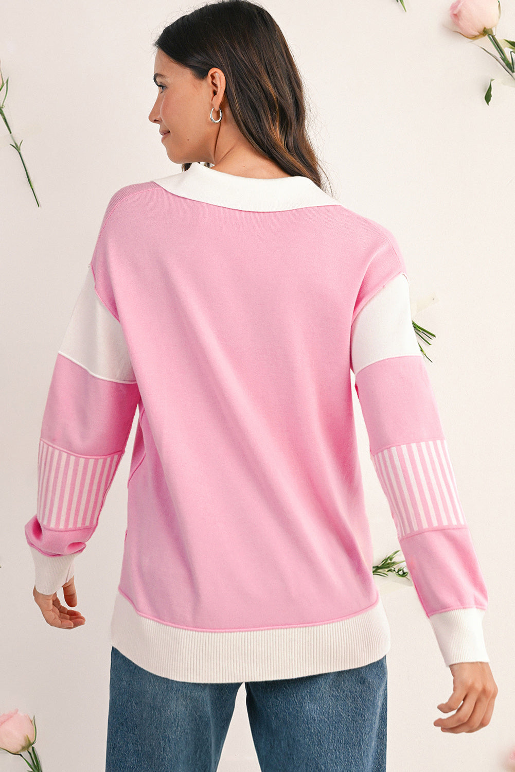Pink Striped V Neck Collared Colorblock Patchwork Sweater