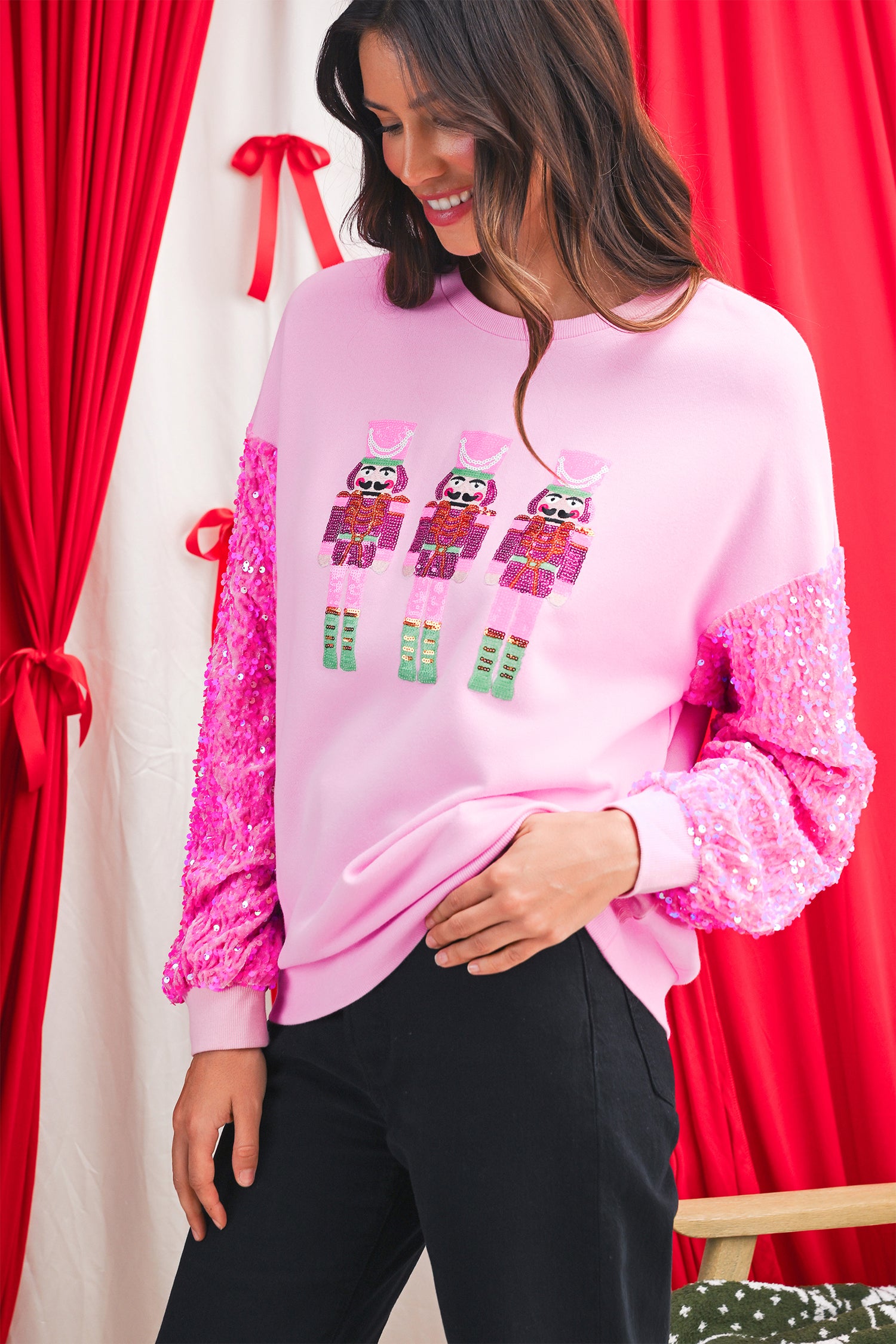 Pink Nutcracker Sequin Sleeve Graphic Sweatshirt