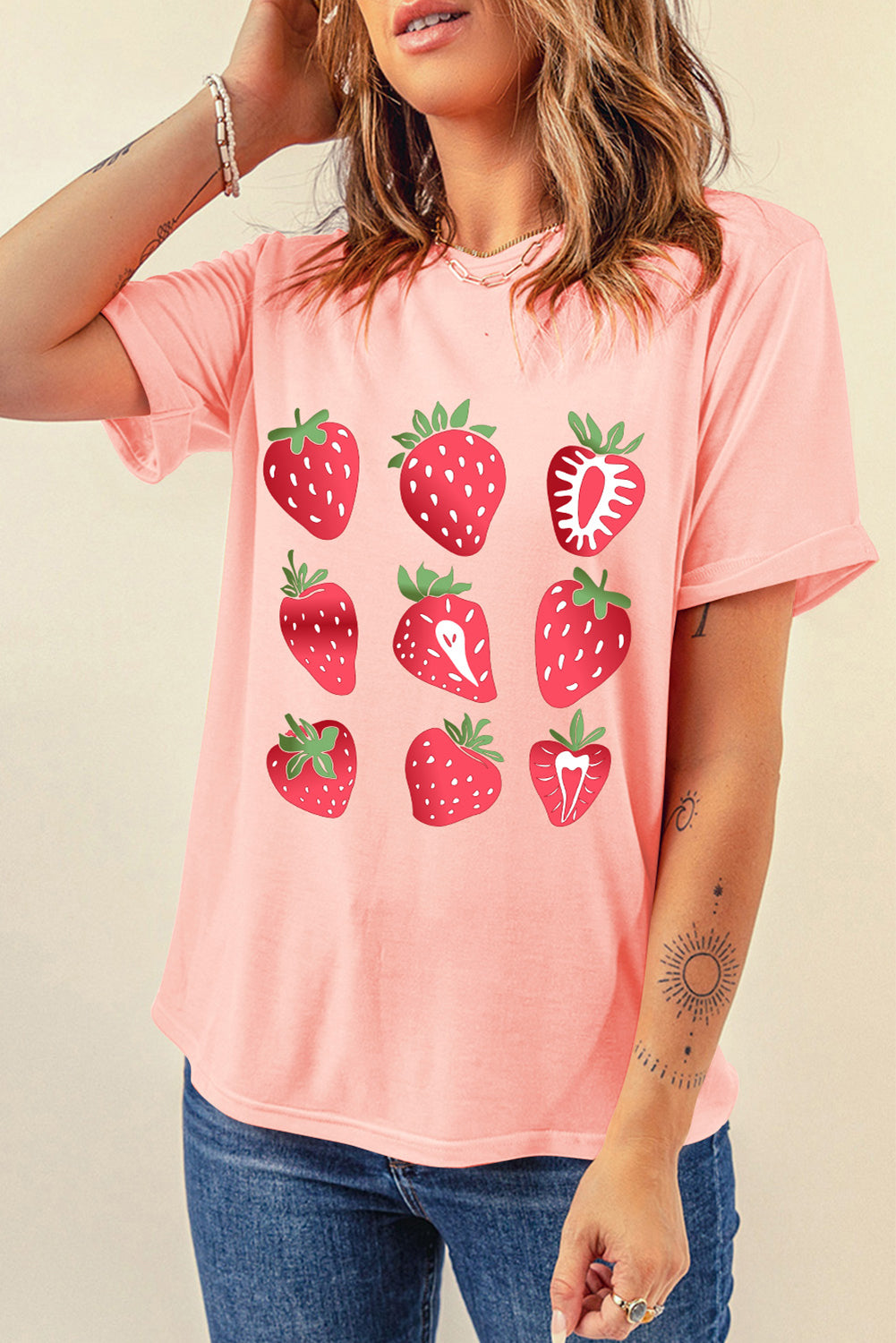 Pink Strawberry Fruit Pattern Heat Transfer Printing Graphic Tee