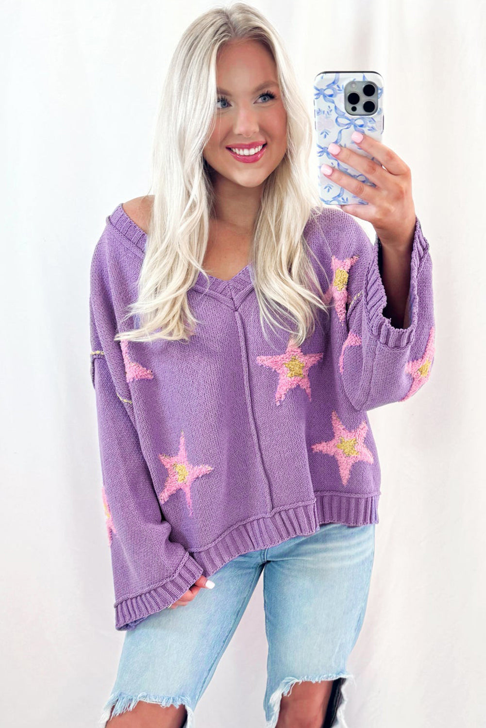 Lavendula Brushed Star Graphic V Neck Drop Shoulder Oversize Sweater