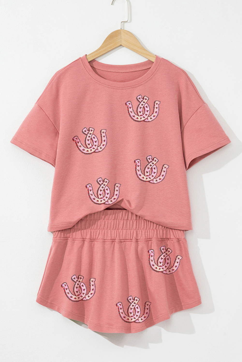 Blossom Horseshoe Sequins Patch Cropped Tee and High Waist Skort Set