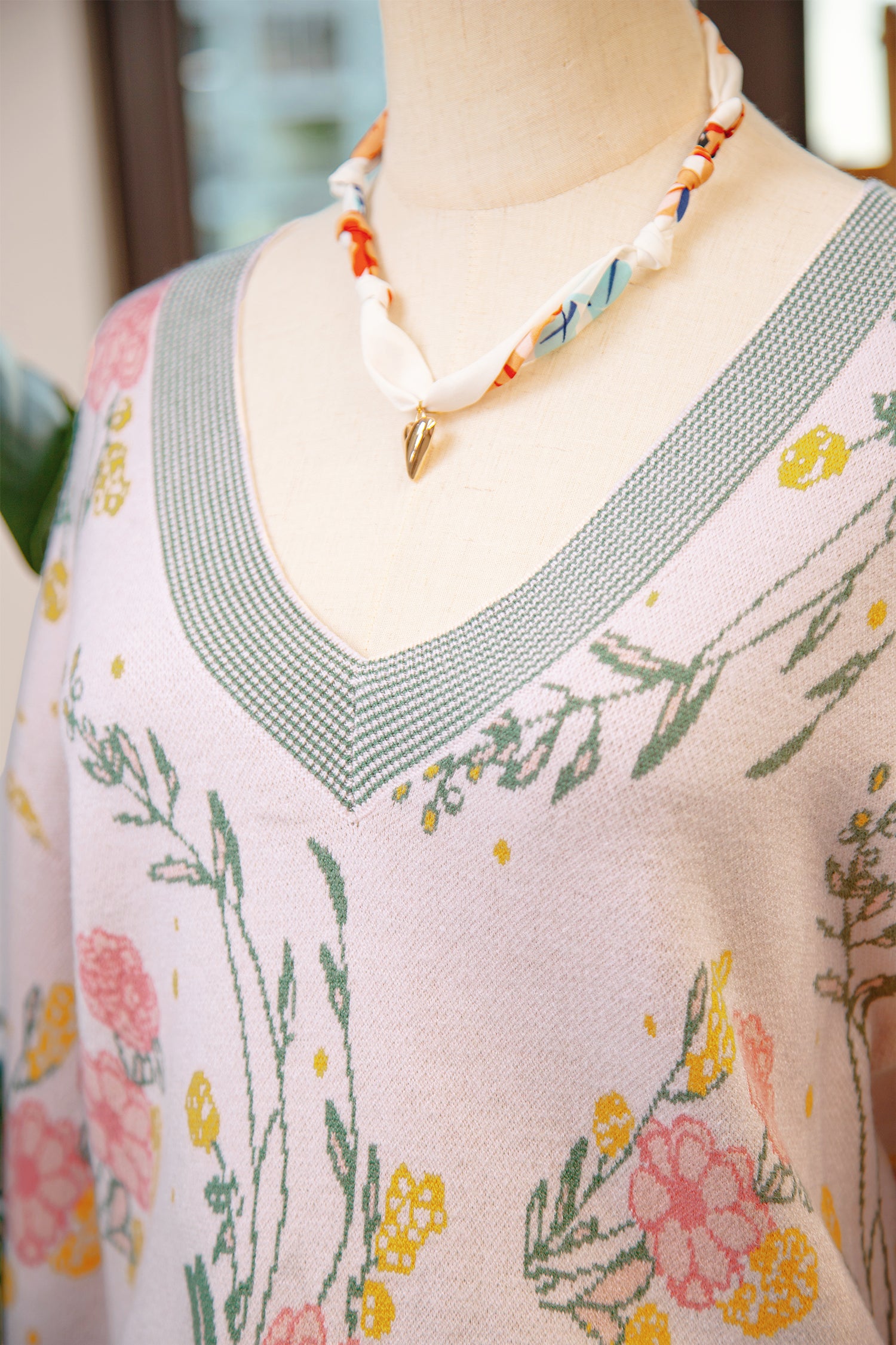 Pink Floral Striped Colorblock V Neck Loose Sweater