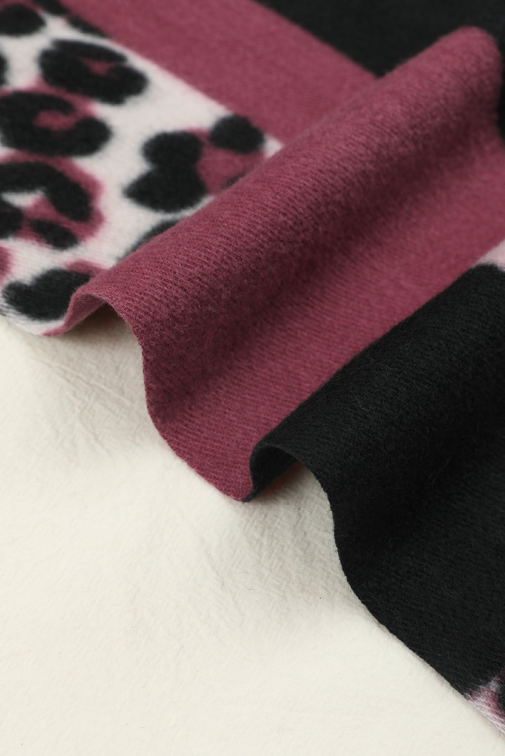 Rose Red Leopard Color Block Print Tassel Trim Terylene Scarf