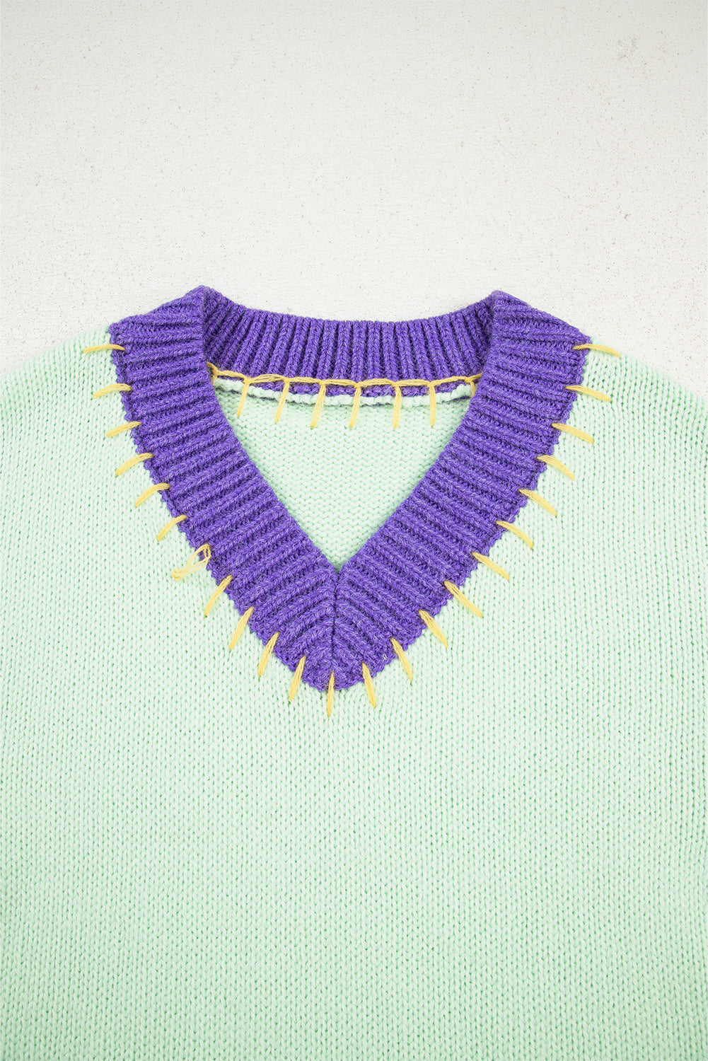 Green Stitched V Neck Colorblock Knitted Drop Shoulder Sweater