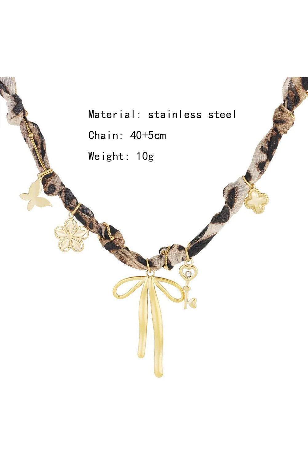 Gold Heart Cross Flower Bow Charm Leopard Scarf Necklace