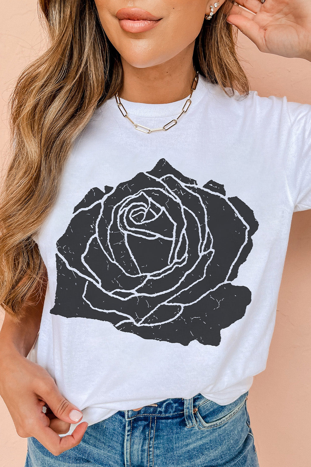 White Large Rose Graphic Crew Neck T Shirt