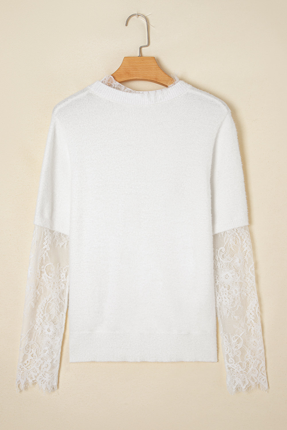 Beige Lace Sleeve Patchwork Faux Two-piece Fuzzy Sweater