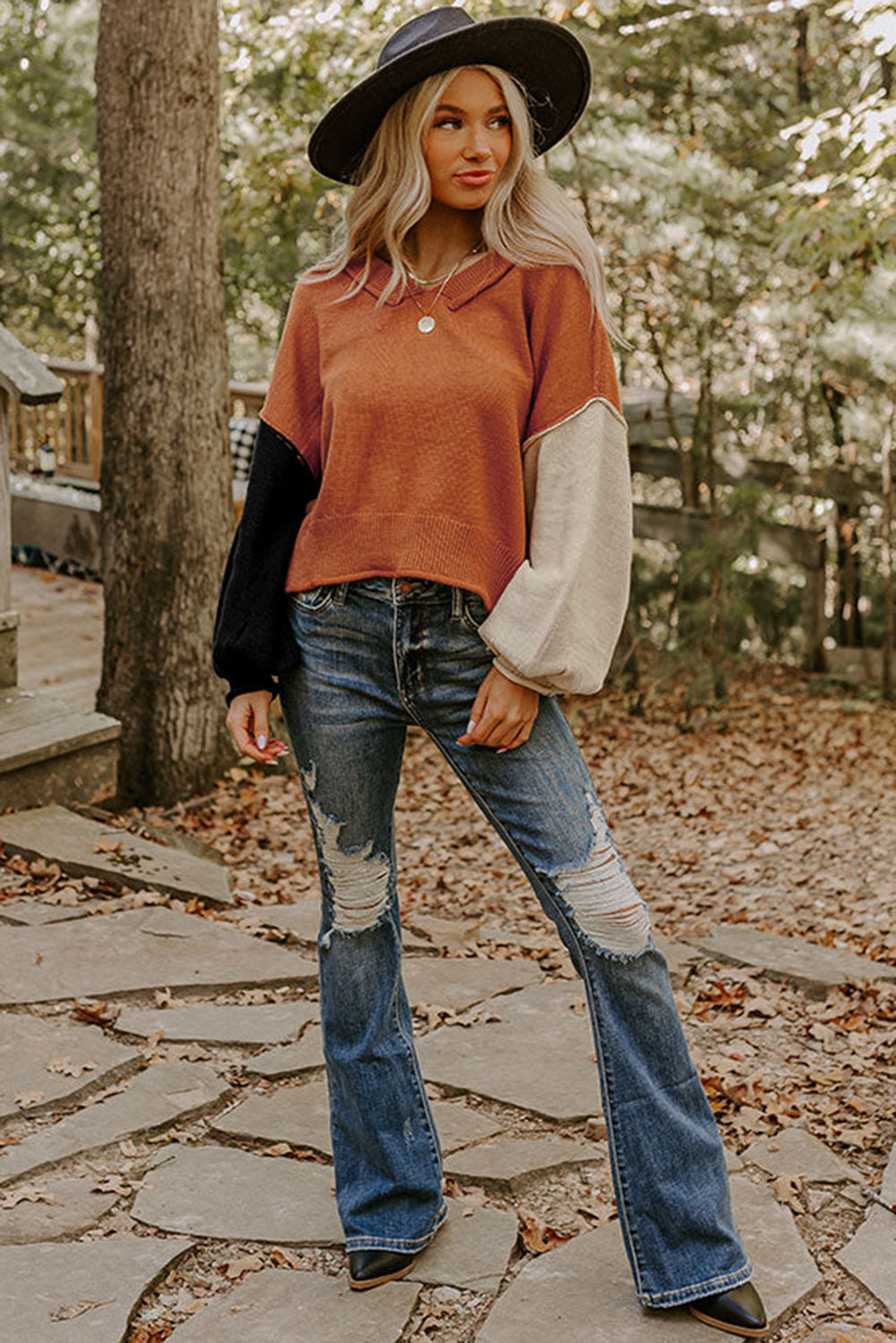 Desert Gold Colorblock Raw Edge Bubble Sleeve V Neck Sweater