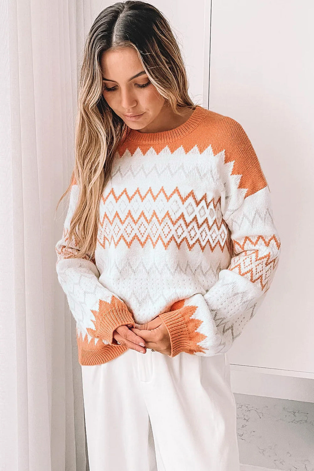 Khaki Zigzag Geometric Pattern Knitted Pullover Sweater