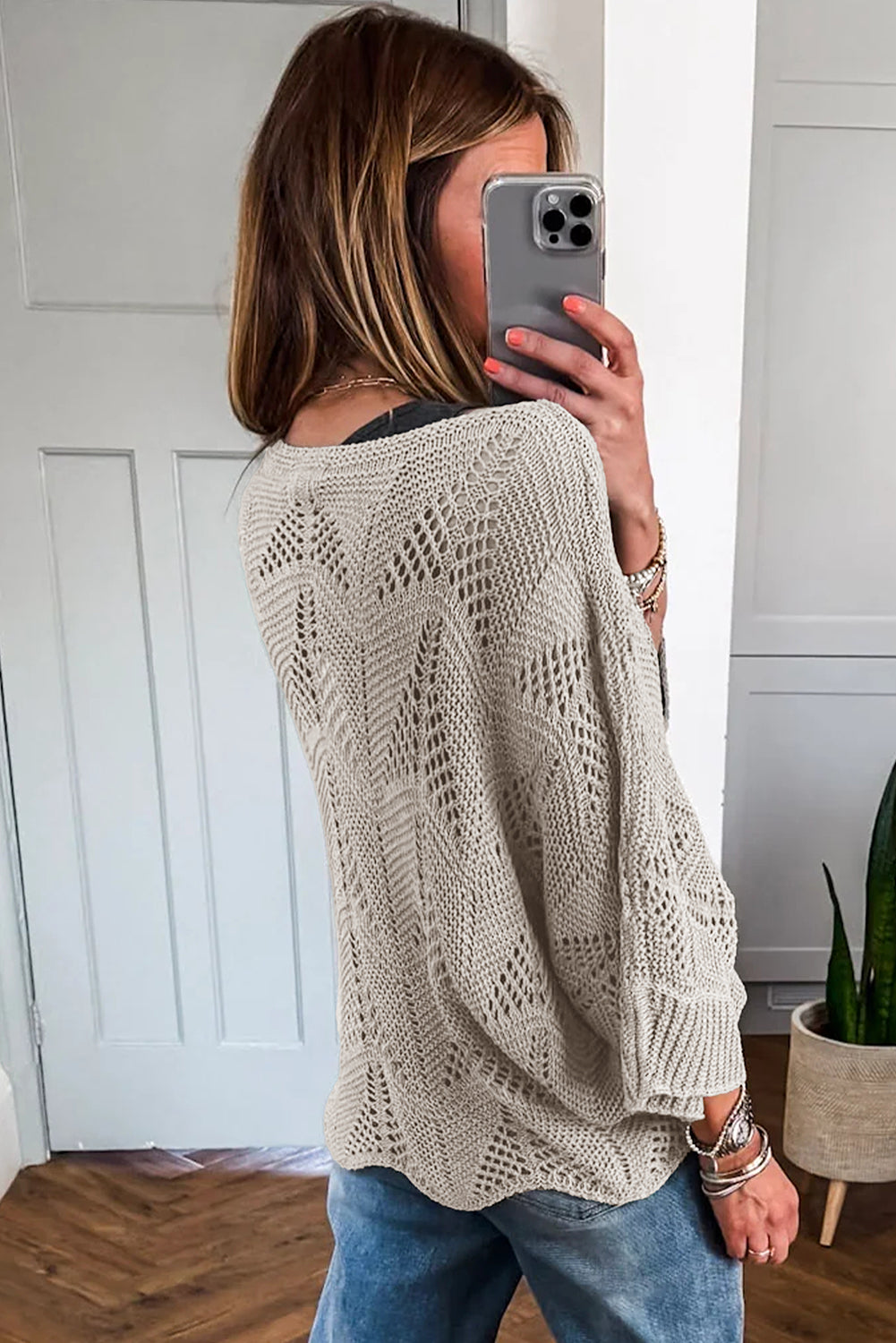 Seagrass Hollow Out Knit 3/4 Sleeve Loose Sweater