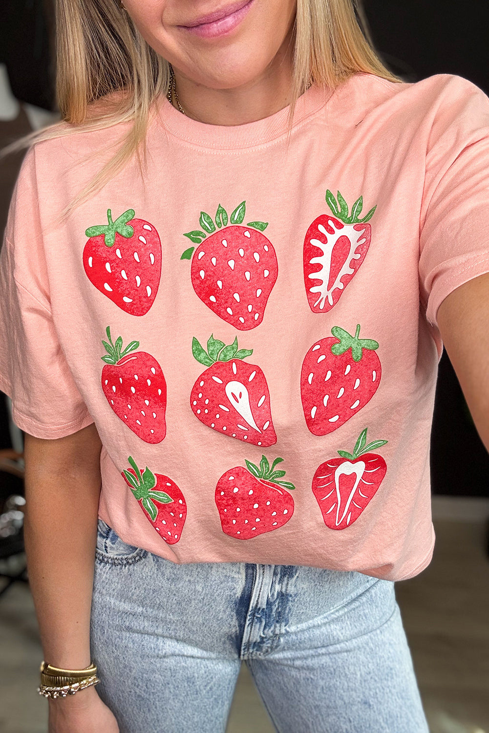 Pink Strawberry Fruit Pattern Heat Transfer Printing Graphic Tee