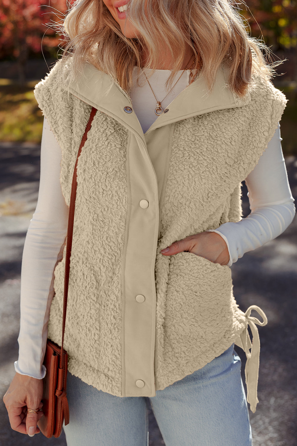 Beige Faux Fur Snap Button Front Knot Side Plush Vest