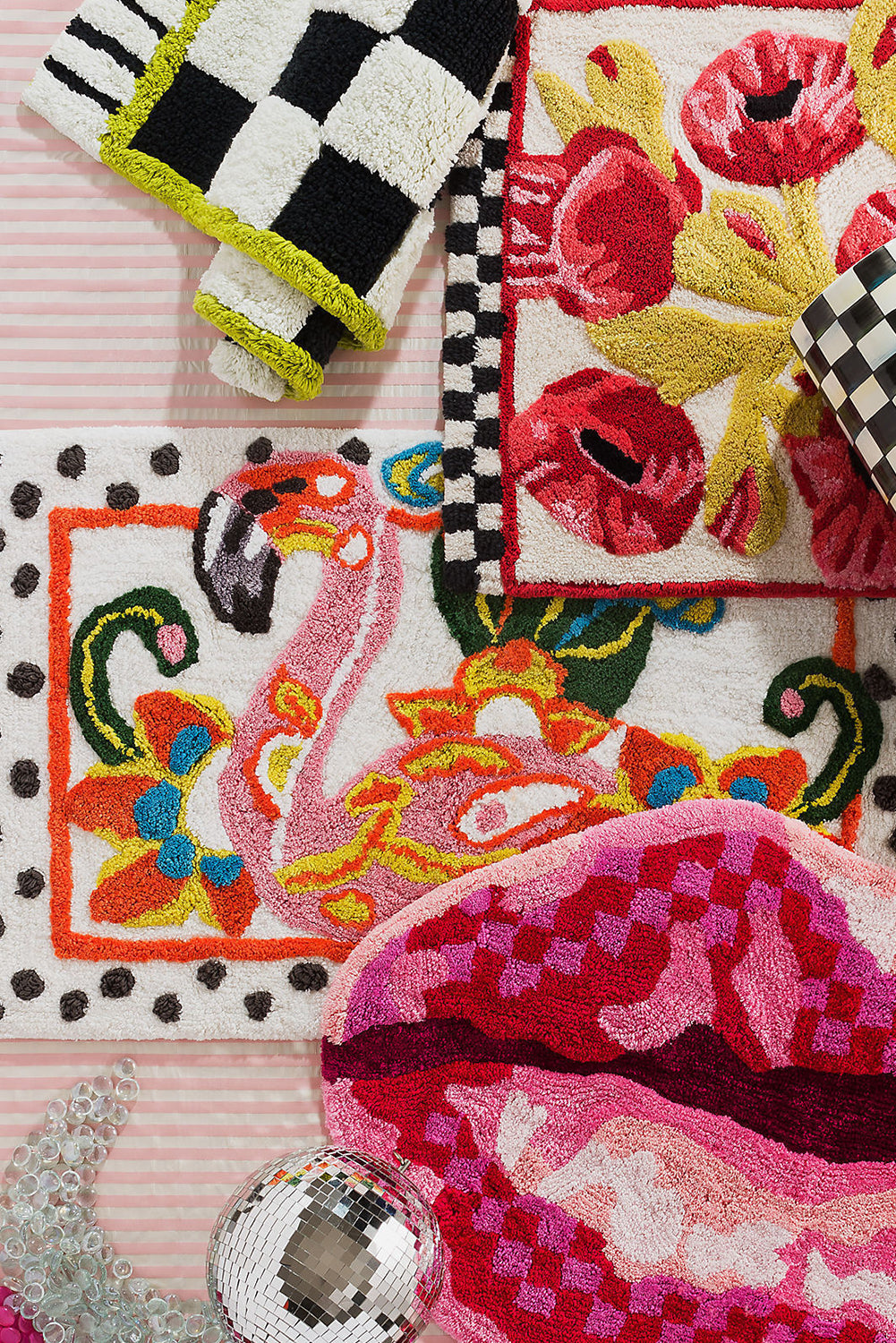 Spinach Green Checkered Striped Fluffy Colorblock Entrance Mat