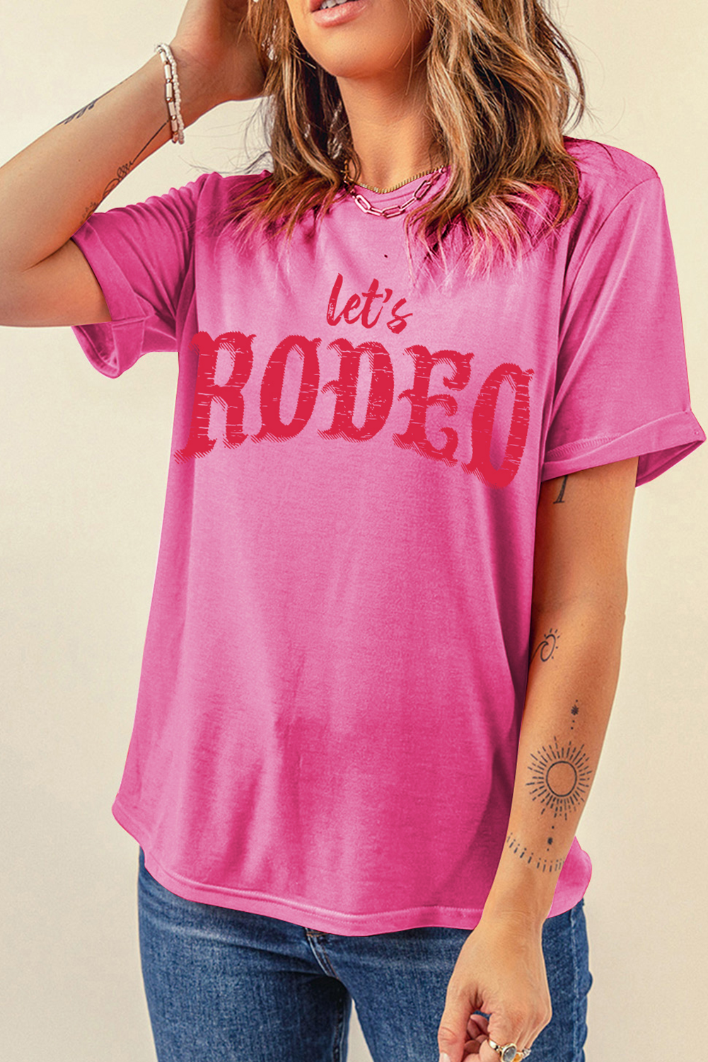 Rose Red Lets Rodeo Crew Neck Heat Transfer Printing Graphic Tee
