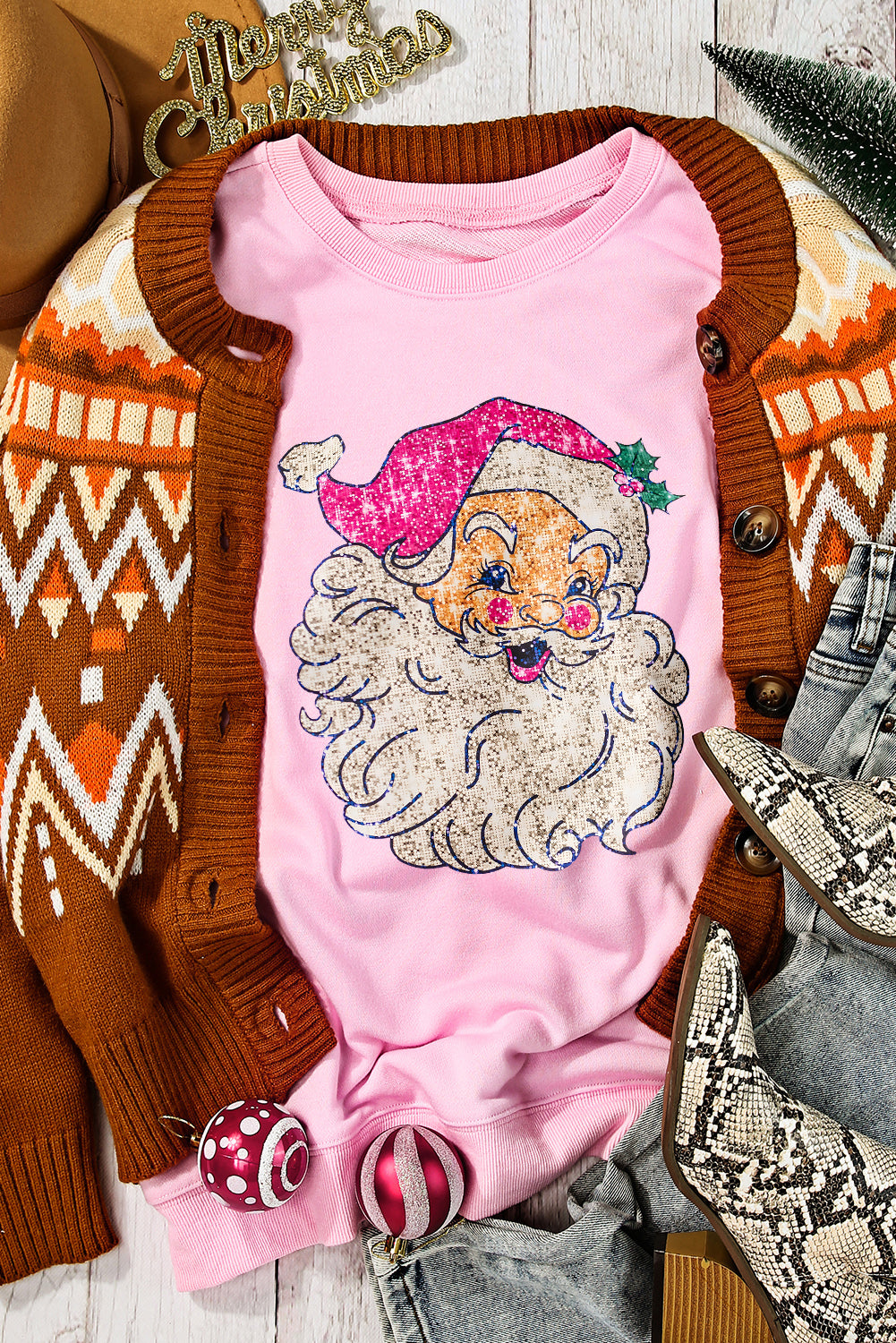 Pink Christmas Santa Claus Graphic Heat Transfer Printing Drop Shoulder Sweatshirt
