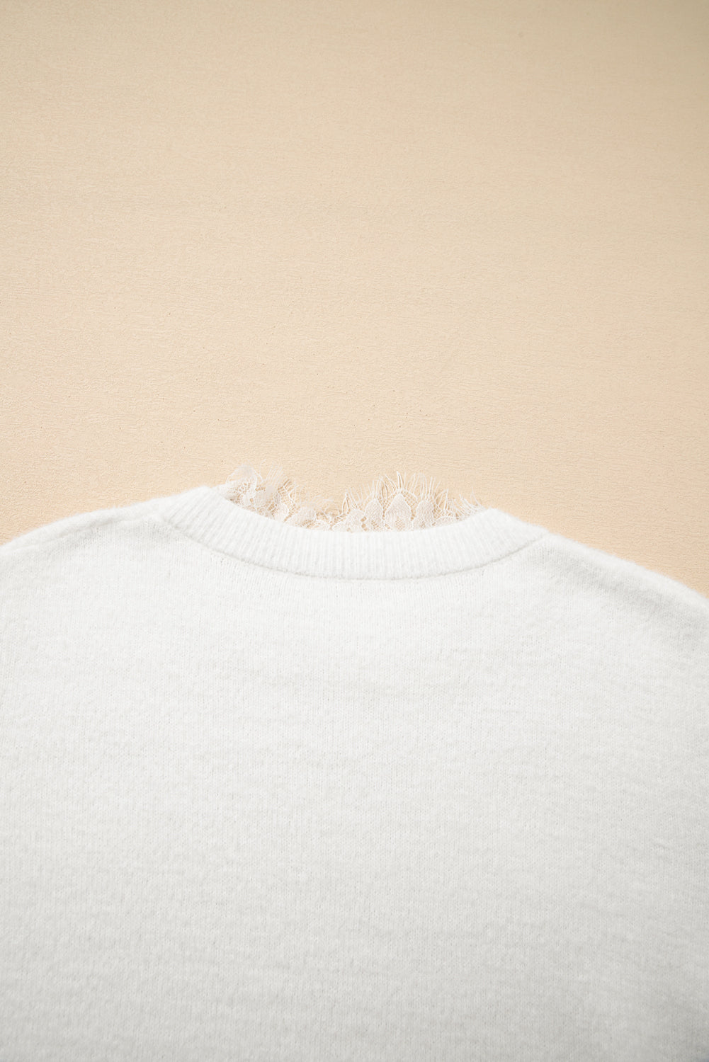 Beige Lace Sleeve Patchwork Faux Two-piece Fuzzy Sweater